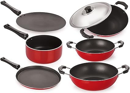 Nirlon Non-Stick Aluminium Cookware Set, 6-Pieces, Red/Black (FT12CTKD12KD14SPMAC_2)