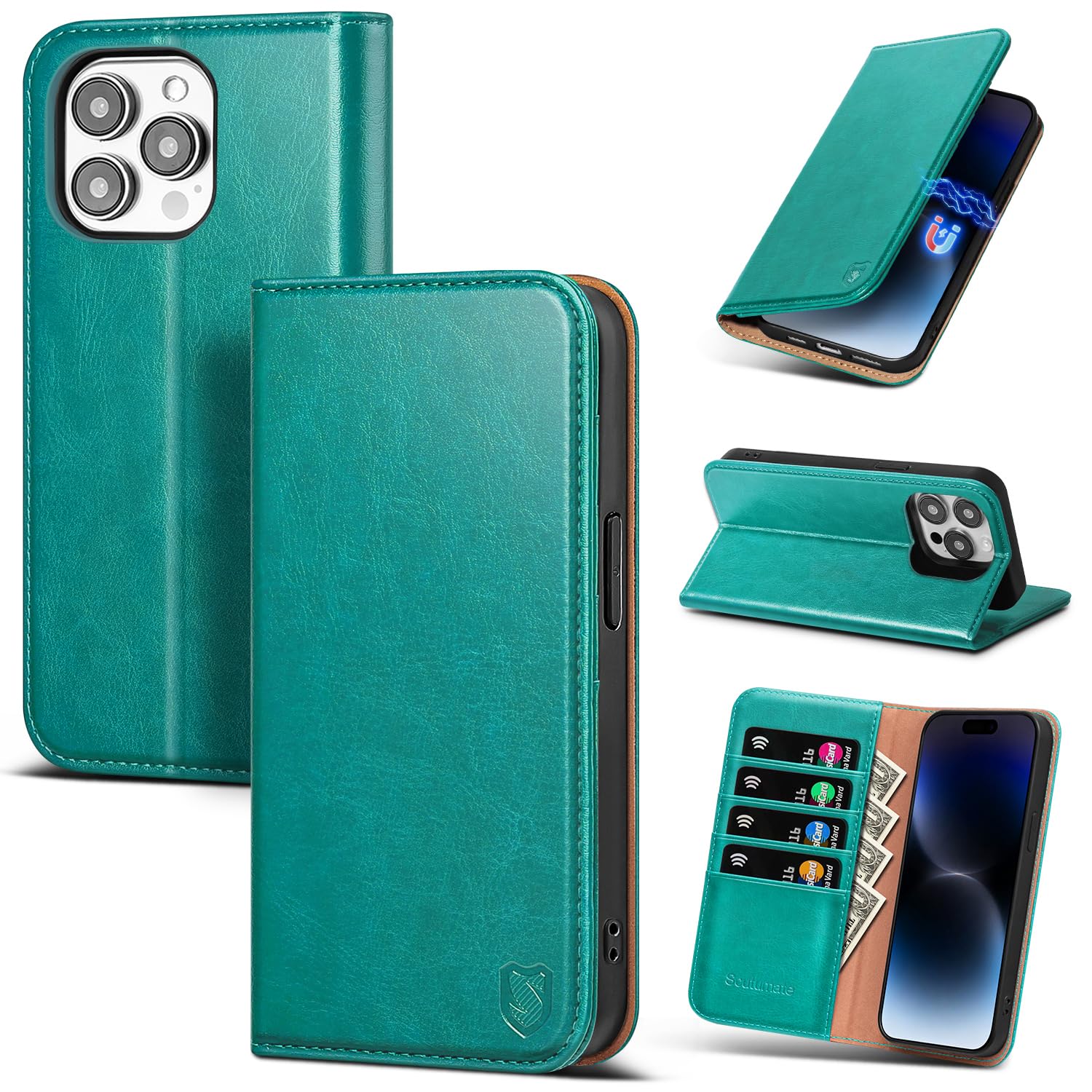 Scutumate Compatible with iPhone 14 Pro Case Wallet with Card Holder [4 Card Slots] Kickstand [RFID Blocking] PU Leather Phone Case Flip Protective Cover TPU Shockproof,for Apple 14 Pro,Blue Green
