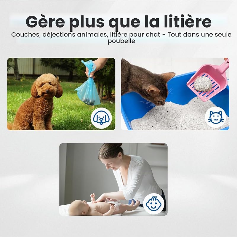 PooGuard Poubelle à litière pour chat, déjections canines et couches, avec fenêtre de visualisation, ouverture plus large et sac de recharge de 4 mois (gris)