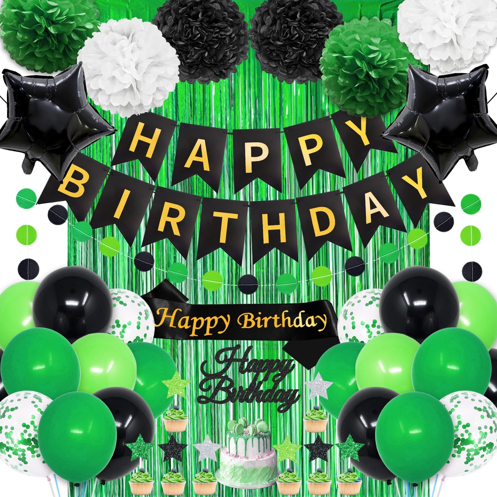 Green Birthday Decorations , 50PCS Happy Birthday Decorations for Men with Banner Balloons Sash Foil Fringe Curtain Paper Pompoms, Green and Black Party Decorations Party Supplies for Mens Boys Kids