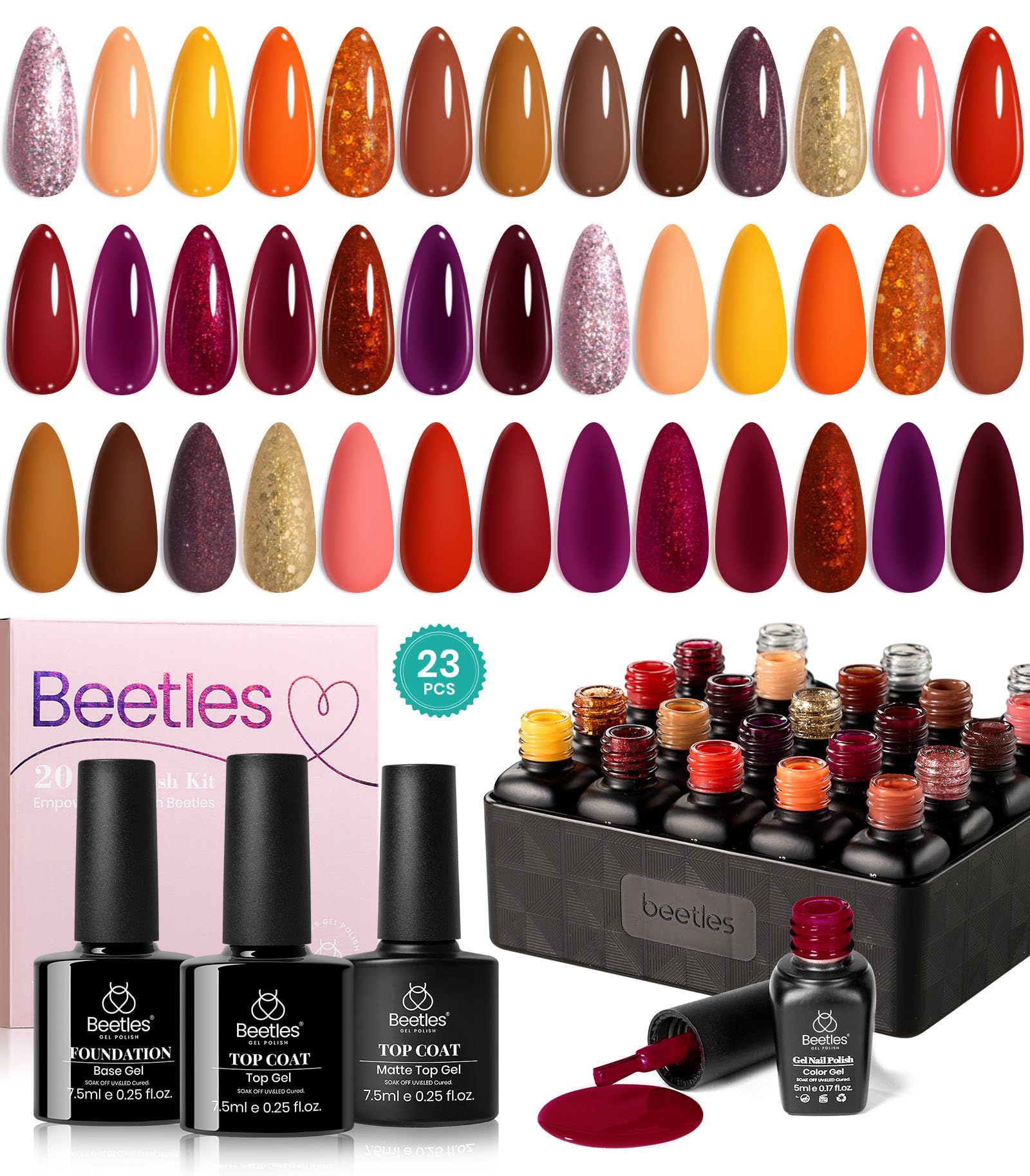 Beetles 23Pcs Fall Gel Nail Polish Kit 20 Colors with Base Gel Top Coat Orange Brown Burgundy Red Yellow Gel Polish Set Soak off Uv Golden Glitter Holiday Nail Art Gift for Girls