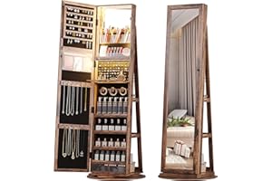 Lvifur 360° Swivel Jewelry Cabinet with 3 Color Dimmable, Full Length Mirror with Jewelry Storage, Standing Jewelry Organizer Armoire with Rear Storage Shelves