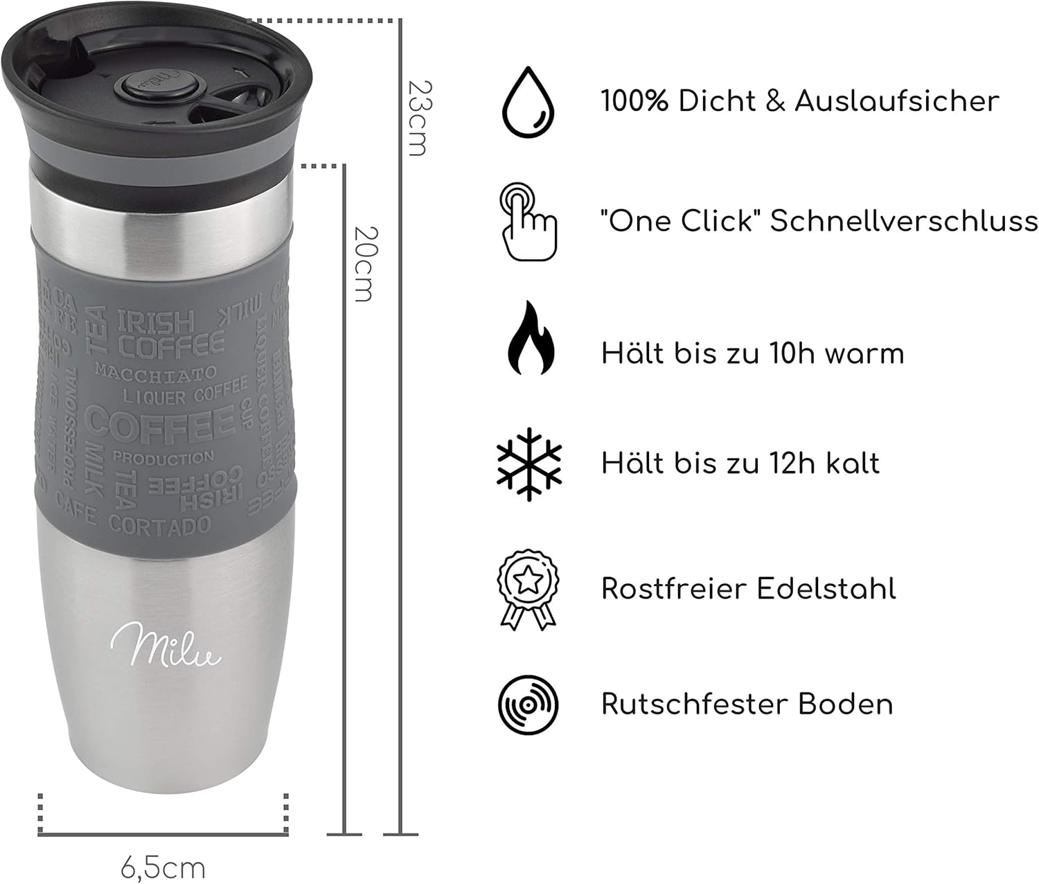 Milu Travel Mug 370ml 450ml, Insulated Coffee Cup to go, 100% Leak Proof, Stainless Steel Drinking Mug - Image 5