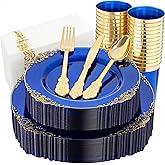 Nervure 175PCS Clear Blue Plastic Plates - Plastic Dinnerware Set Include 25Dinner Plates, 25Dessert Plates, 25Cups, 25Forks, 25Knives, 25Spoons, 25Napkins Perfect for Wedding & Party