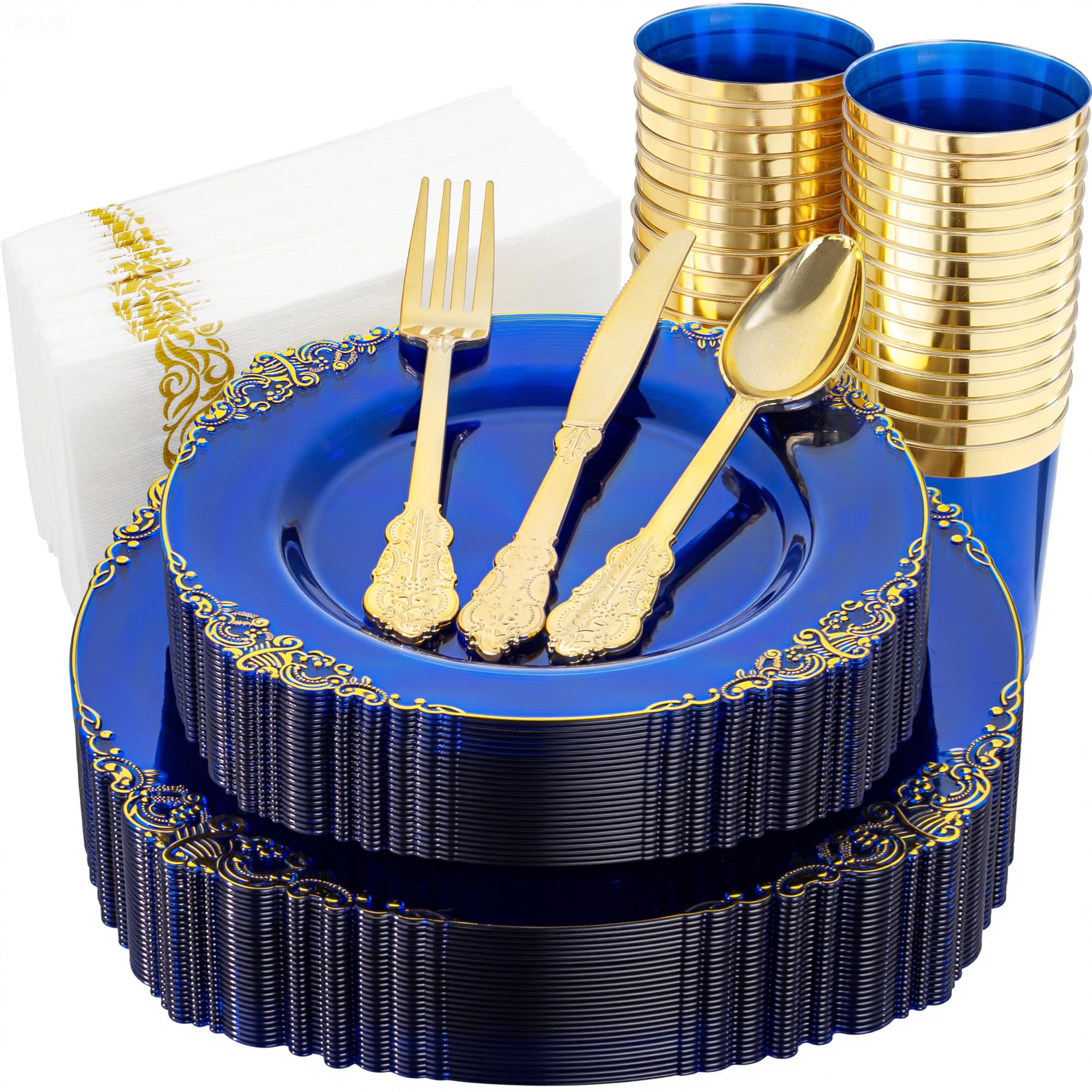 Photo 1 of Nervure 175PCS Clear Blue Plastic Plates - Plastic Dinnerware Set Include 25Dinner Plates, 25Dessert Plates, 25Cups, 25Forks, 25Knives, 25Spoons, 25Napkins Perfect for Wedding & Party