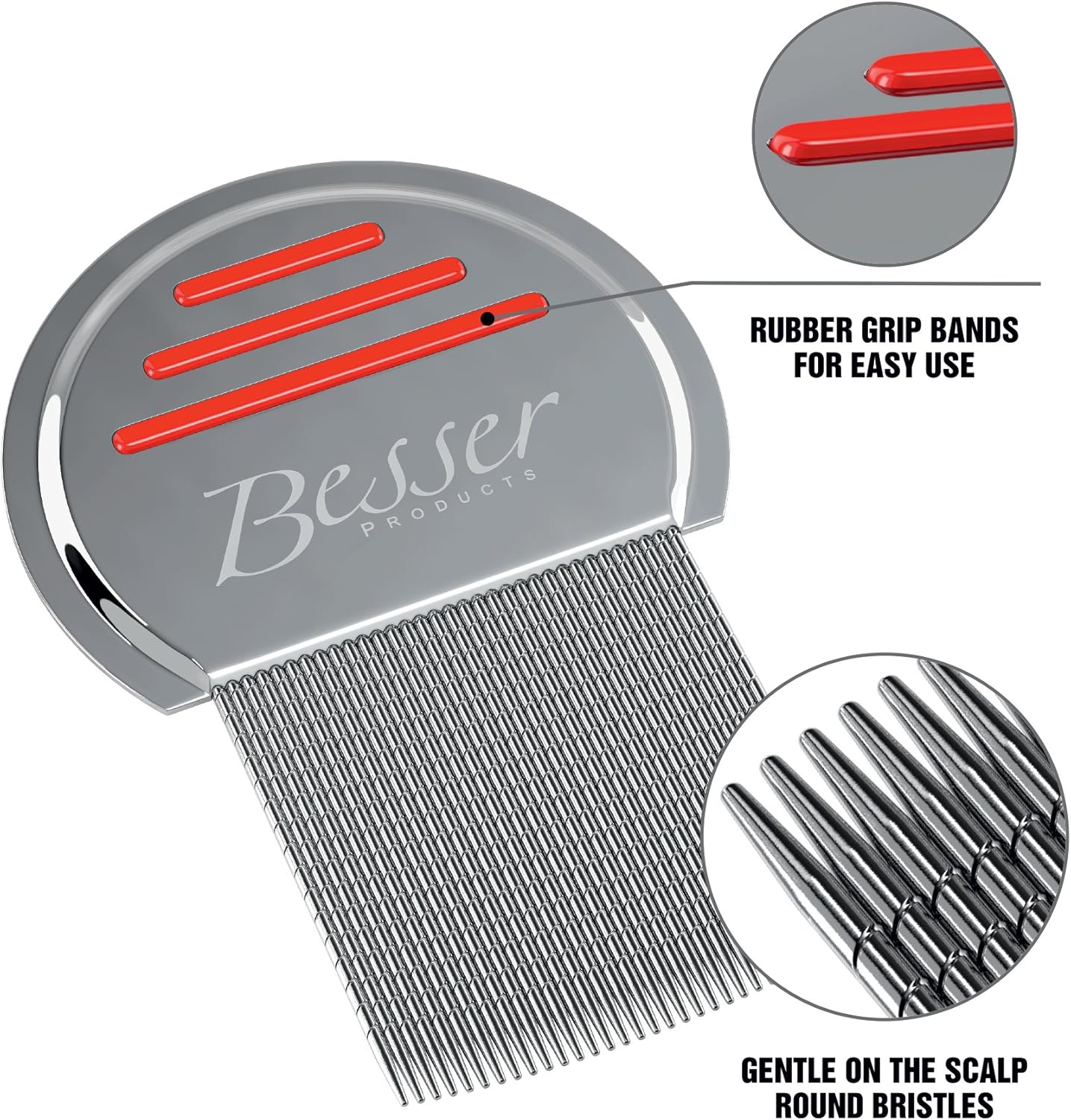 Stainless Steel Head Lice Comb - Pro Grade Louse and Nit Removal - Grooved, Rounded Teeth for Comfort and Best Results - Colors May Vary - by Besser Products (1)