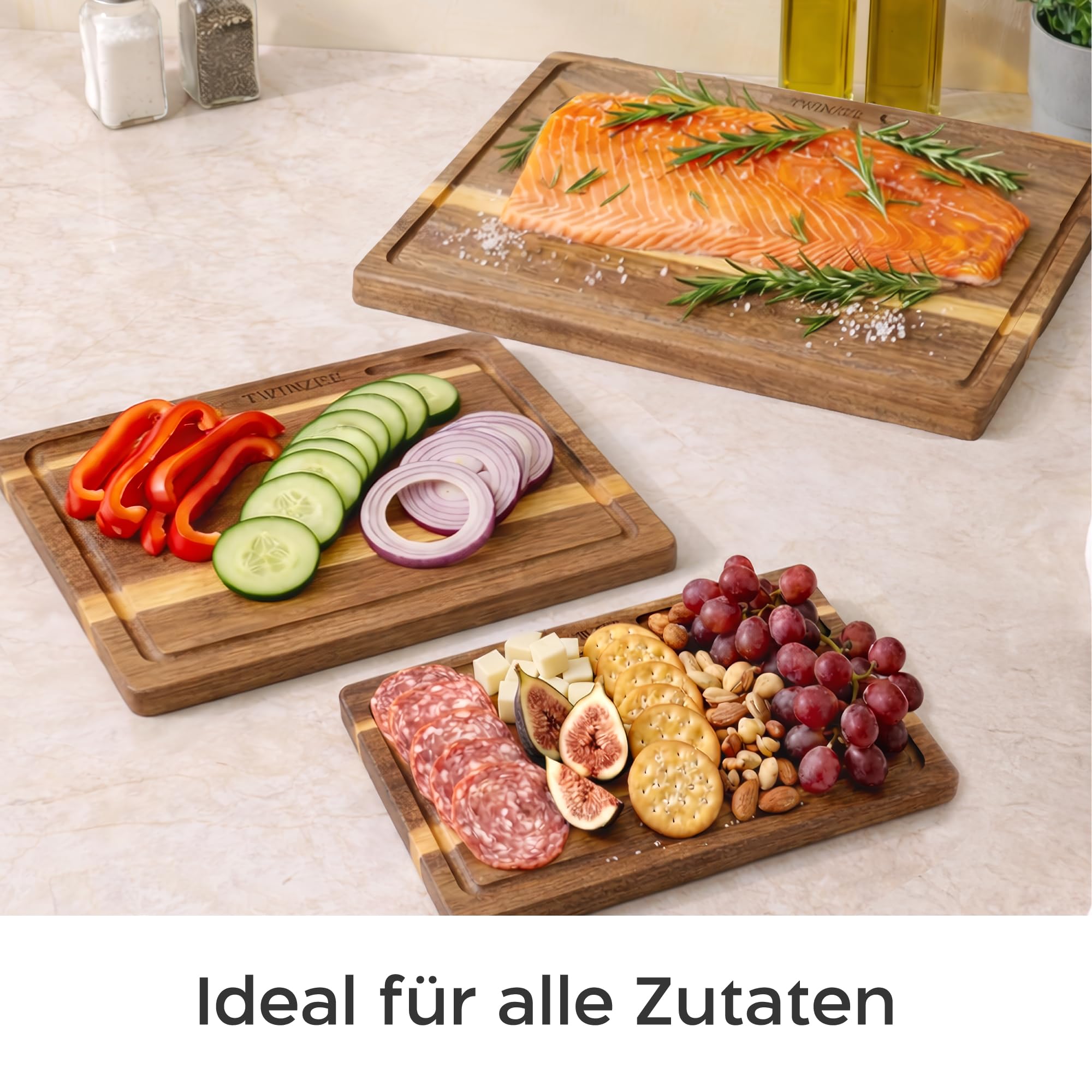Twinzee Schneidebrett 3er Set (40 x 30/33 x 24/26 x 18 cm) aus Massiver Akazie - Schneidebrett Holz mit Brettständer, 2cm dicke Holzbretter, mit Saftrille 2