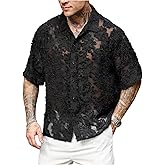 VIPWOLF Men's Sheer Shirts Button Down Mesh Fuzzy Trim Short Sleeve Summer Shirt Top