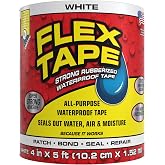 Flex Tape Strong Rubberized Waterproof Tape, White, 4 in x 5 ft, 1-Pack | Patch, bond, seal, repair, works underwater, strong adhesive, roof leaks, gutters, pipes, pools, boats, RV, UV resistant