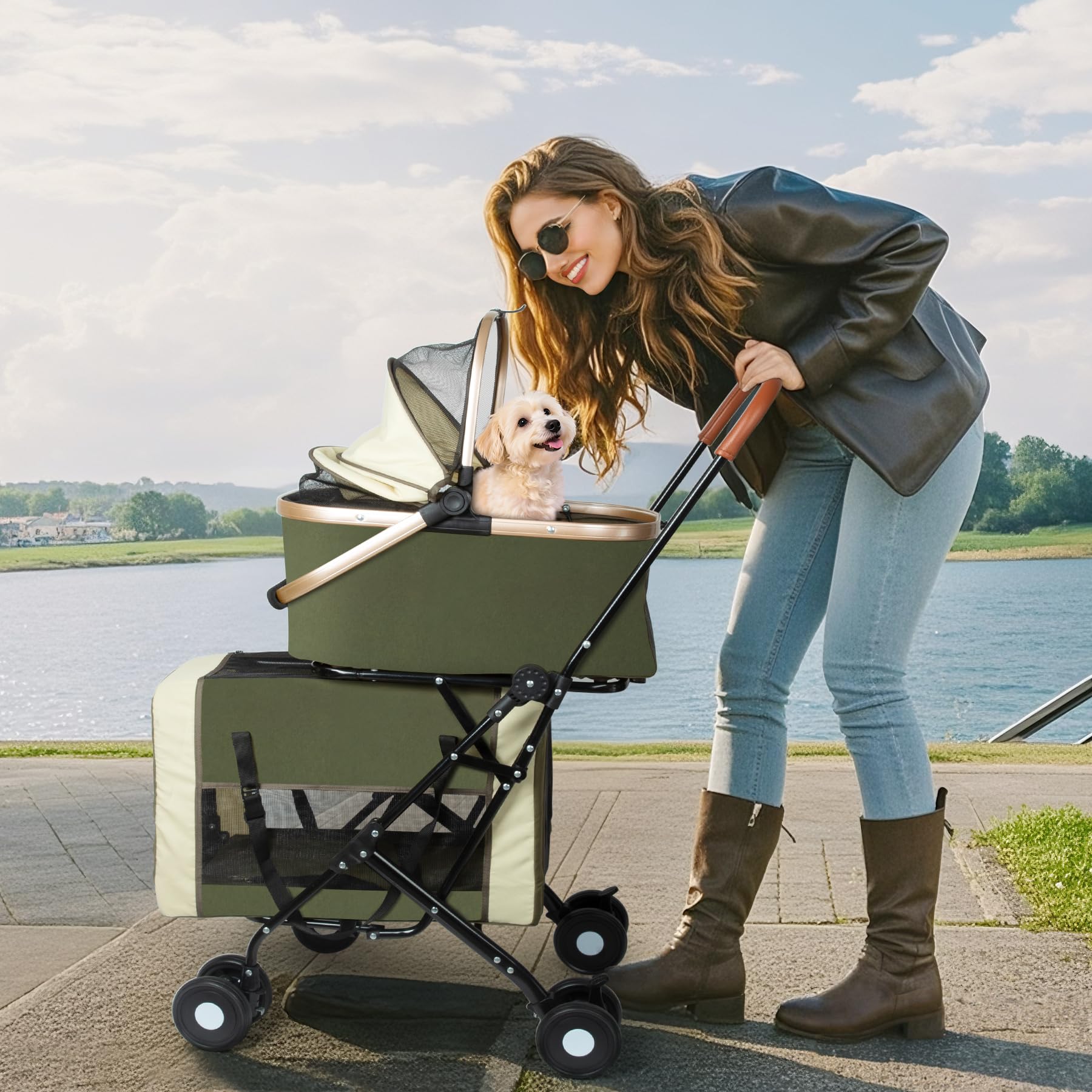 Condition photo showing New/Like New for double pet stroller for dogs and cats: dog stroller foldable travel carriage with detachable carrier