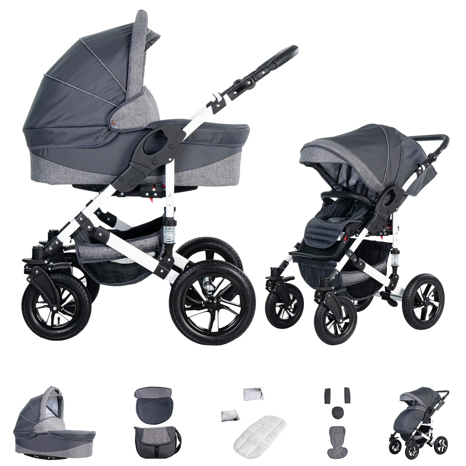 Friedrich Hugo Hamburg | 2 in 1 Kombi Kinderwagen | Luftreifen | Farbe: Grey &amp; Grey Linen