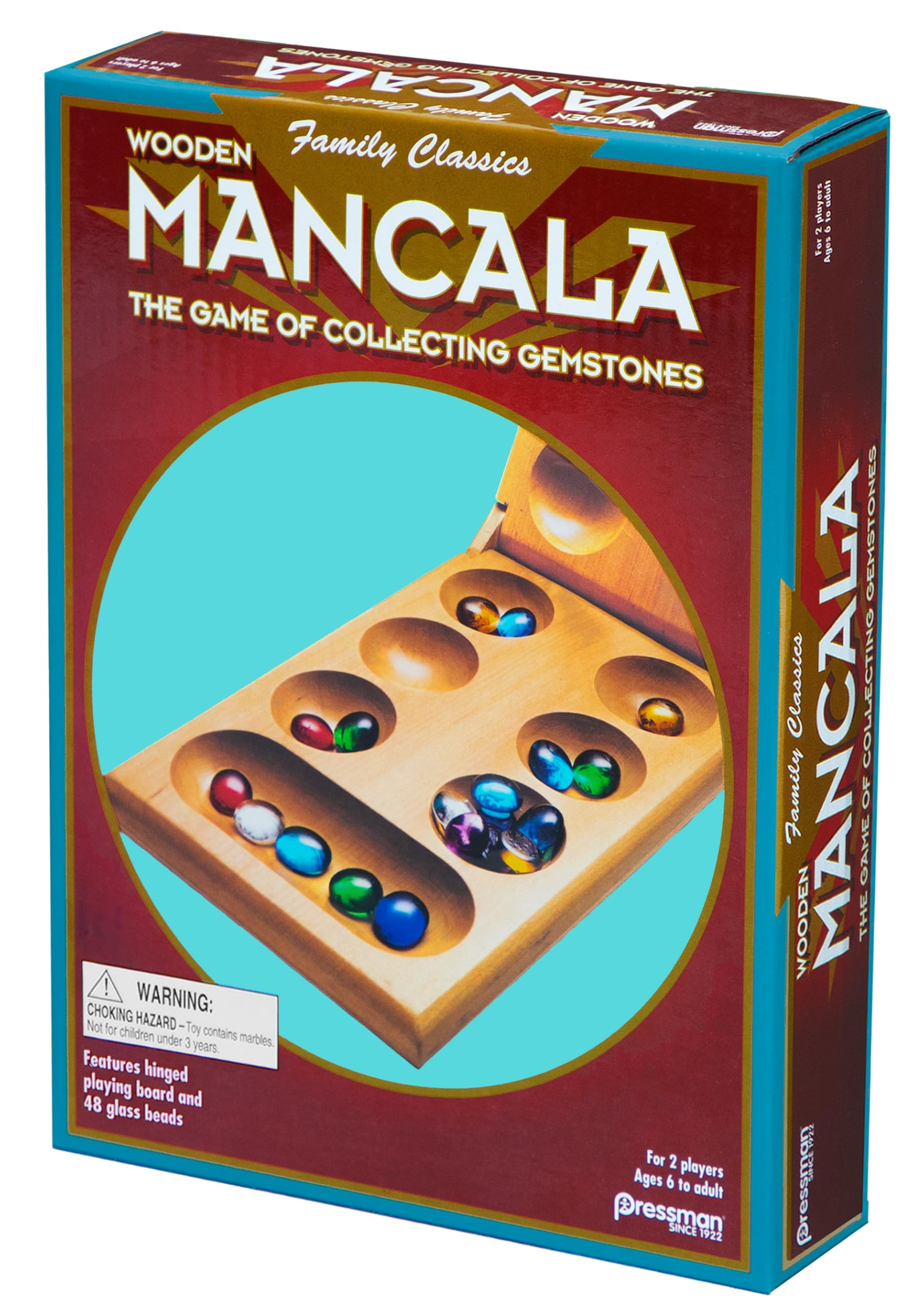 Pressman Mancala Board Game | Fun Classic Table for Adults & Kids | Includes 48 Plastic Mancala Stones and Wood Hinged Playing Board | 2 Players, Ages 6+