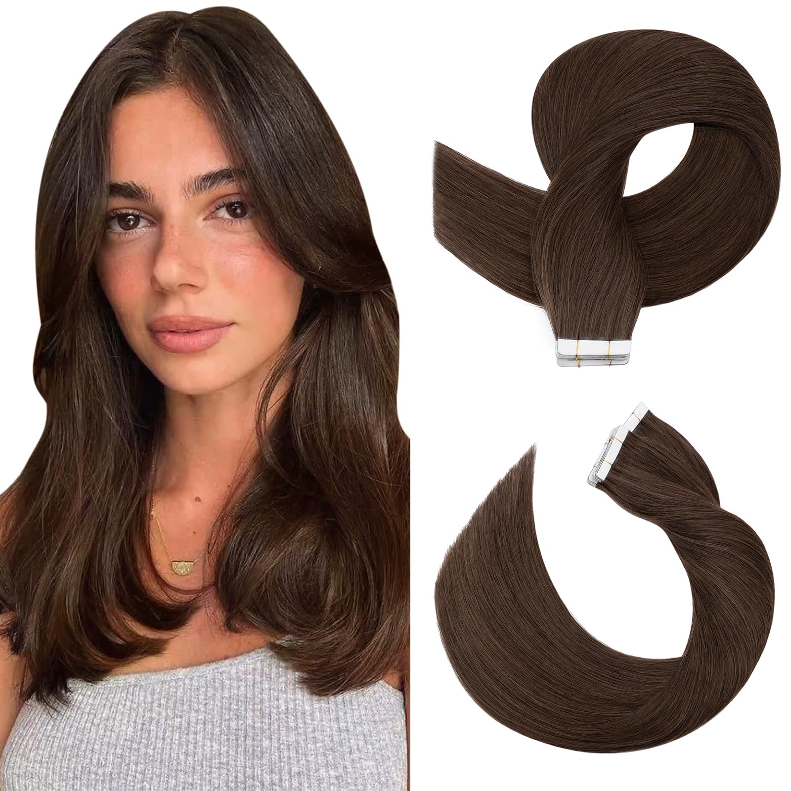 SEGOHAIR Tape in Hair Extensions Human Hair, 12" Invisible 10Pcs Real Hair Straight Natural Remy Tape Hair Extensions - Medium Brown — image 1