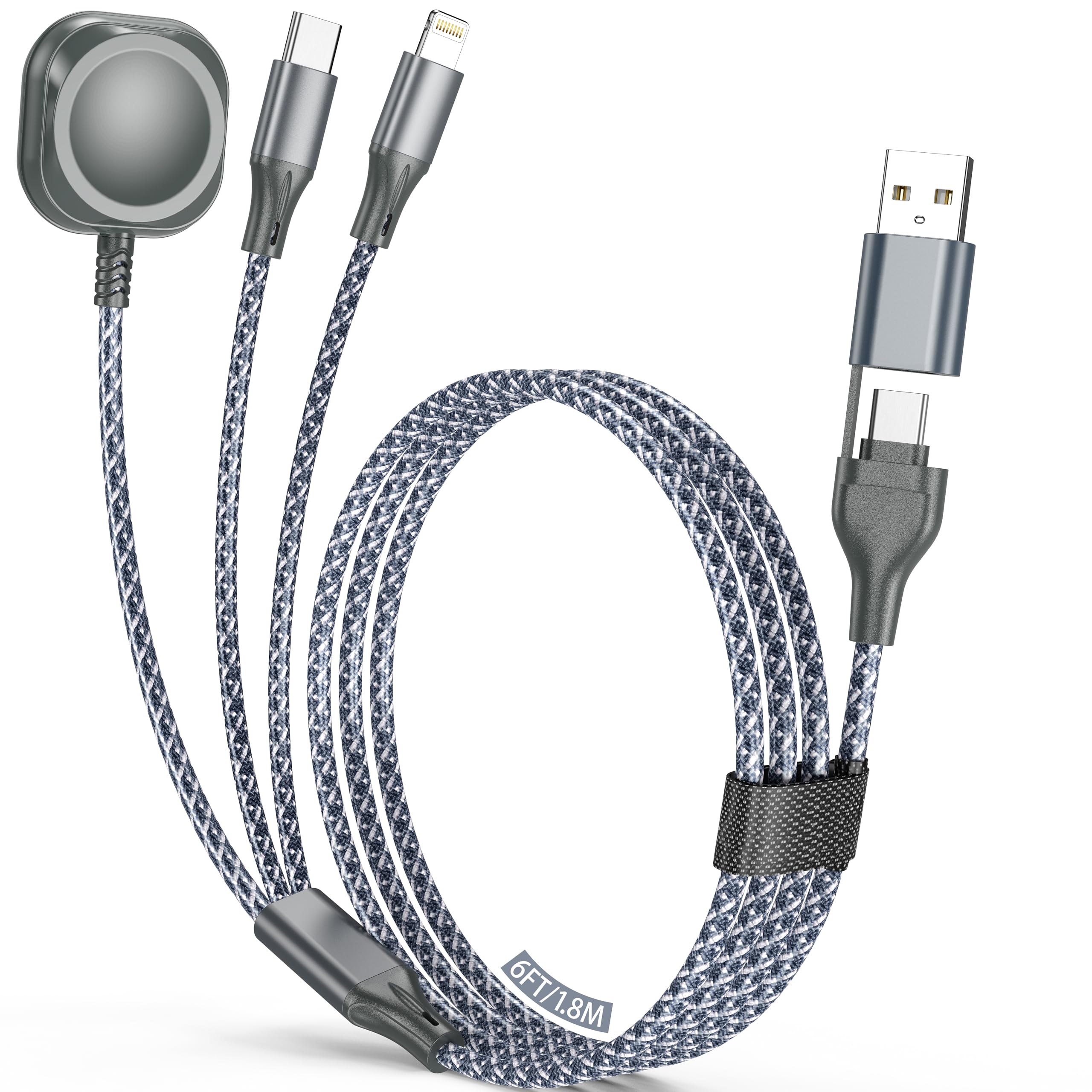 Multi Charging Cable for Apple Watch Charger,3 in 2 USB C Cable 6FT iPhone Charger/Type C/Lightning Travel Essentials Cables for iWatch Ultra/SE/10-1&iPhone 16-5 Pro/Plus