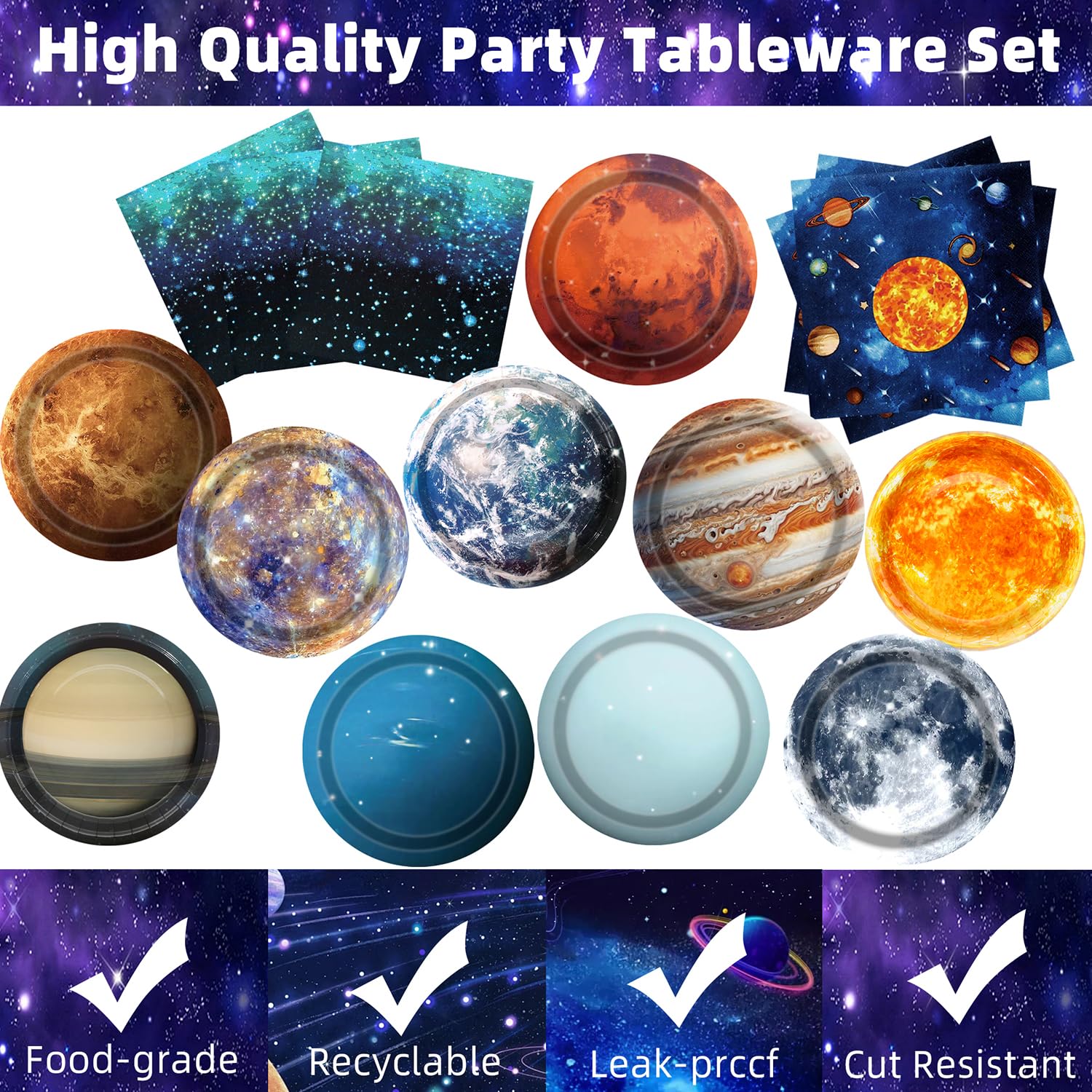Space Theme Party Decorations 100Pcs Galaxy Planet Outer Space Disposable Plates and Napkins for Kids Space Solar System Planets Baby Shower Birthday Party Decorations, 9inch