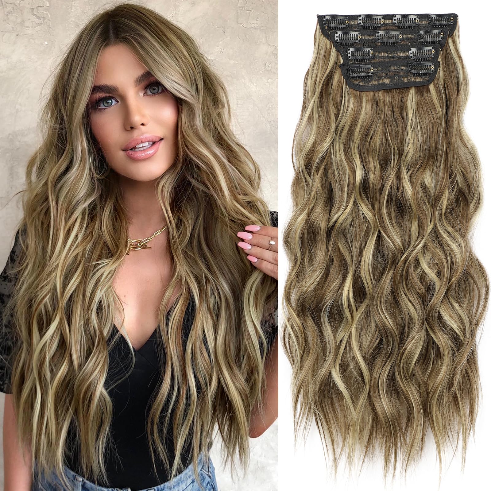 Photo 1 of KooKaStyle Hair Extensions Brown mix Blonde Clip in Synthetic Highlight Hair Extensions Long Wavy 4PCS Thick Hairpieces 24 Inch for Women