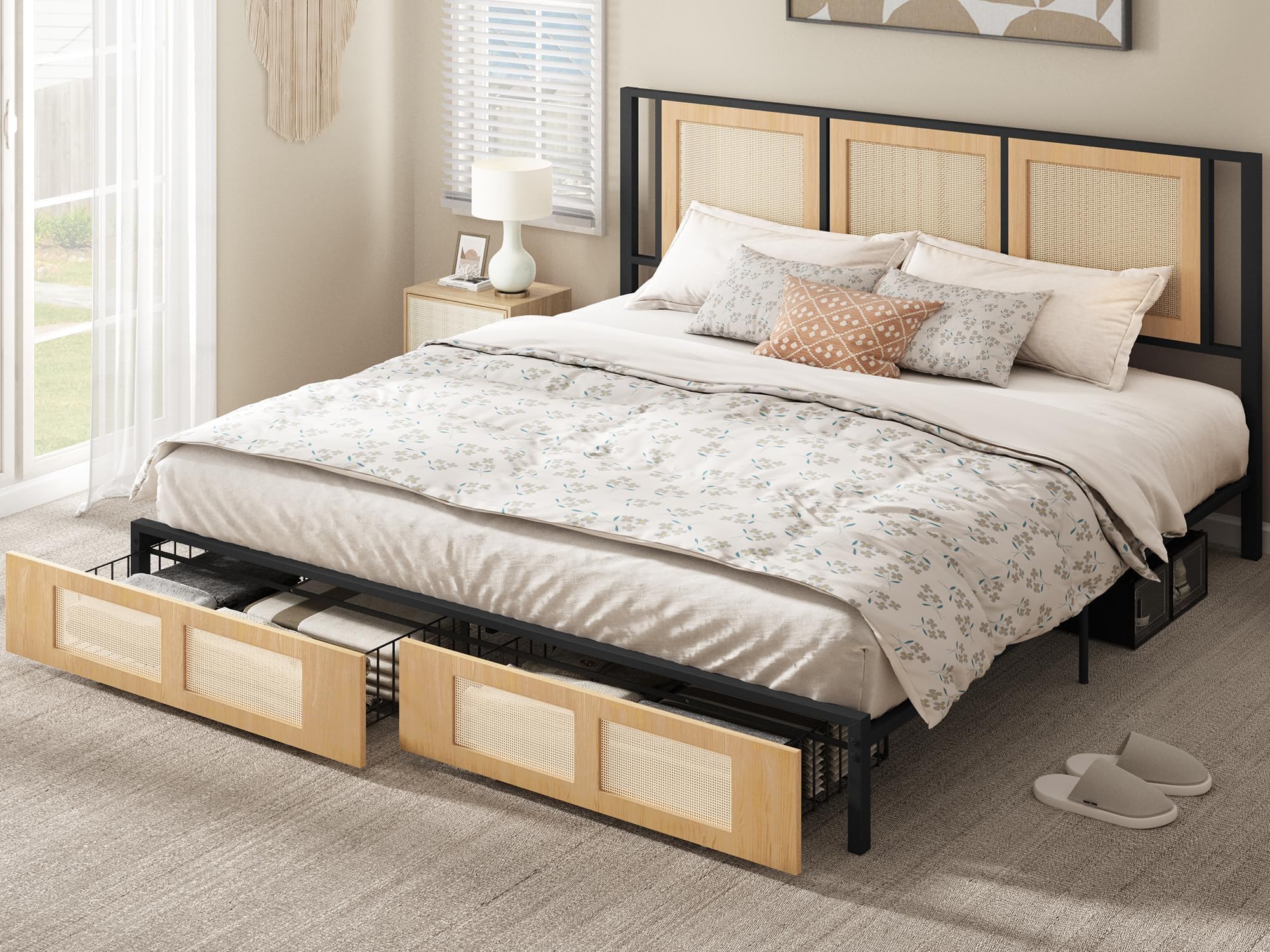 Photo 1 of ****POSSIBLY MISSING HARDWARE PARTS*** YITAHOME Natural Rattan Bed Frame King Size with Headboard and 2 Storage Drawers Underneath, Boho Cane Bed Platform Bed with Metal Slat, Noise Free, No Box Spring Needed