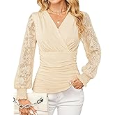 GRACE KARIN Womens Tops Dressy Casual, Elegant Lace Sleeve Shirts Wrap Ruched Blouses, 2026 Spring Fashion Outfits