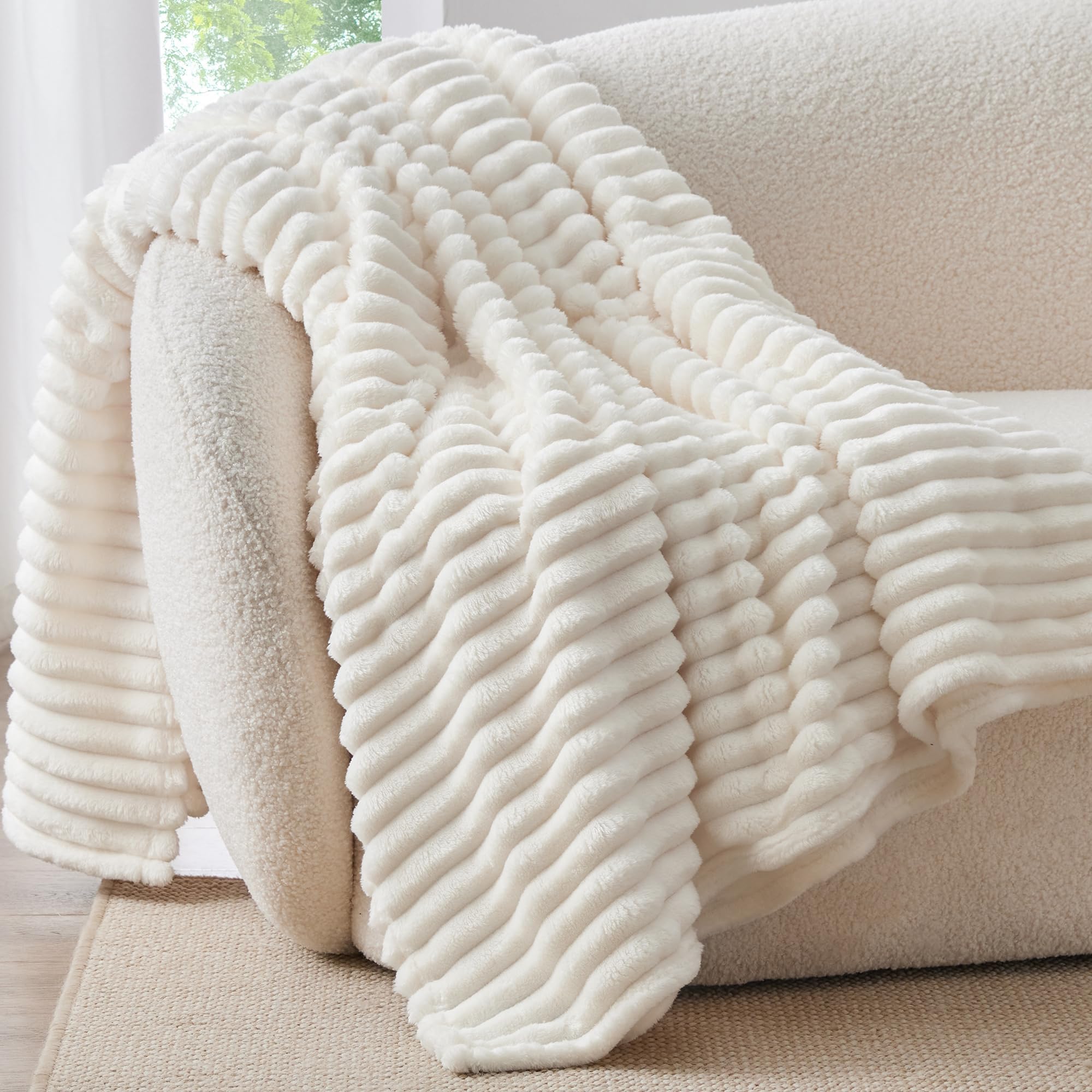 BEDELITE Ribbed Fleece Throw Blanket for Couch, Cream, 50"x60"