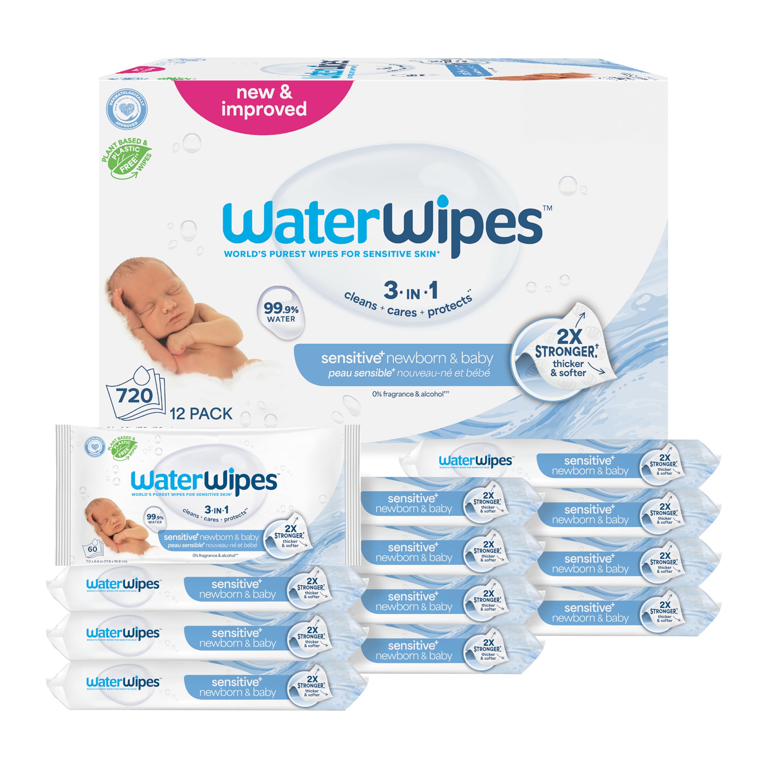 Photo 1 of exp date 11/2026--WaterWipes Sensitive+ Newborn & Baby Wipes, 3-In-1 Cleans, Cares, Protects, 99.9% Water, Unscented & Hypoallergenic, 720 Count (12 Packs)