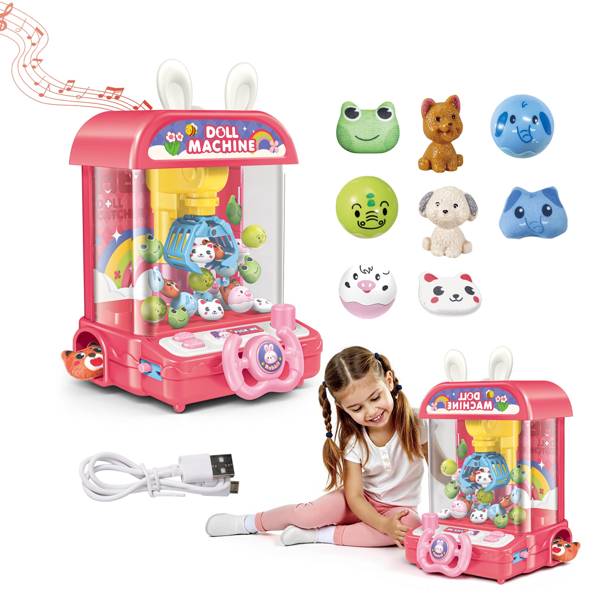 Mini Claw Machine with Music for Home,Candy Doll Vending Grabber,Accessories Include Rag Dolls & Animal Figurines & Balls,Prize Dispenser Toy for 3,4,5,6,7,8+Years Old Kids,Birthday Gift for Girl Boy