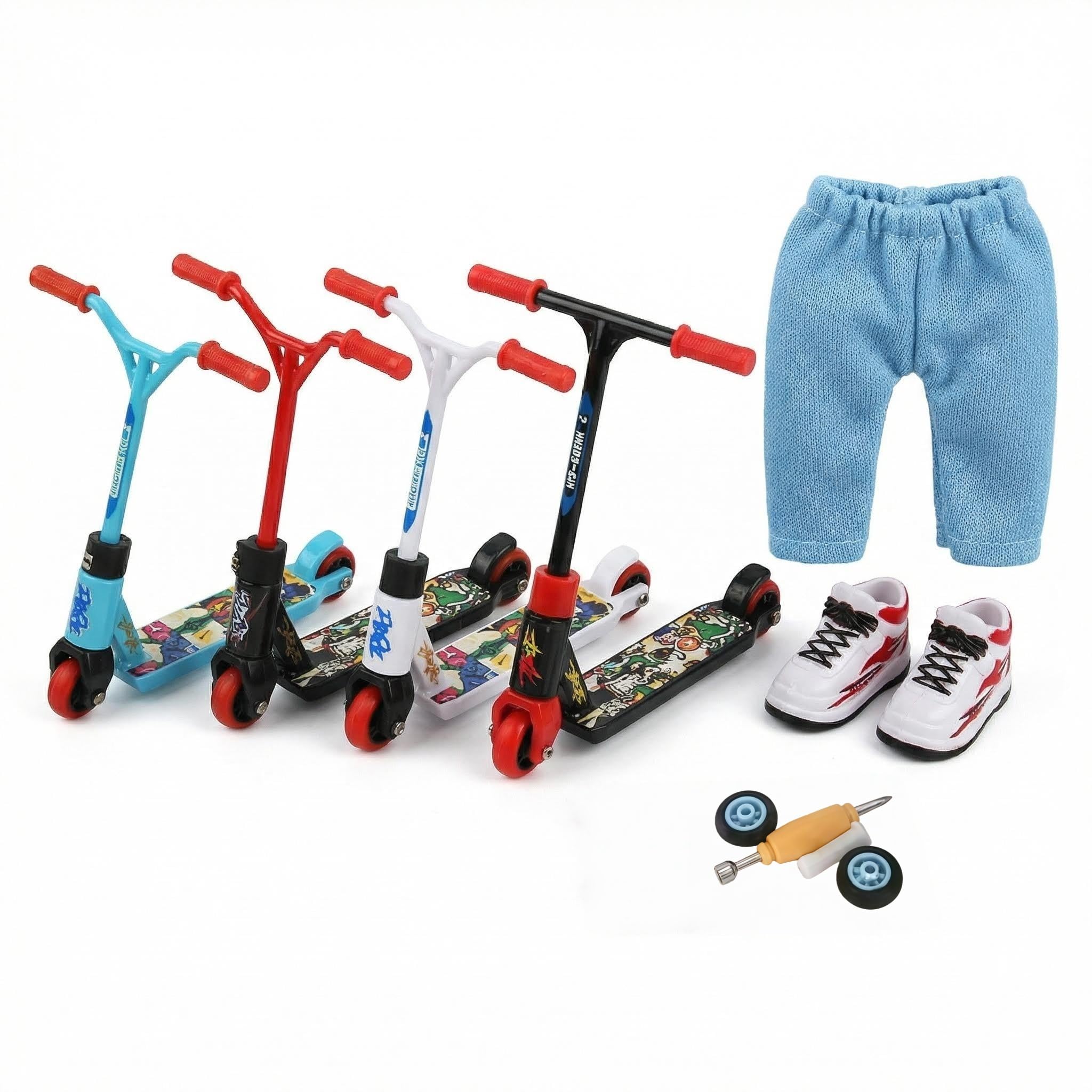 Copbopwn 5Pcs Finger Scooter Set, Finger Scooters with Pants Shoes and Tools, A Cool Collectible, Fun Desk & Fidget Toy for Kids & Adults, Perfect for Stress Relief at Office & Home