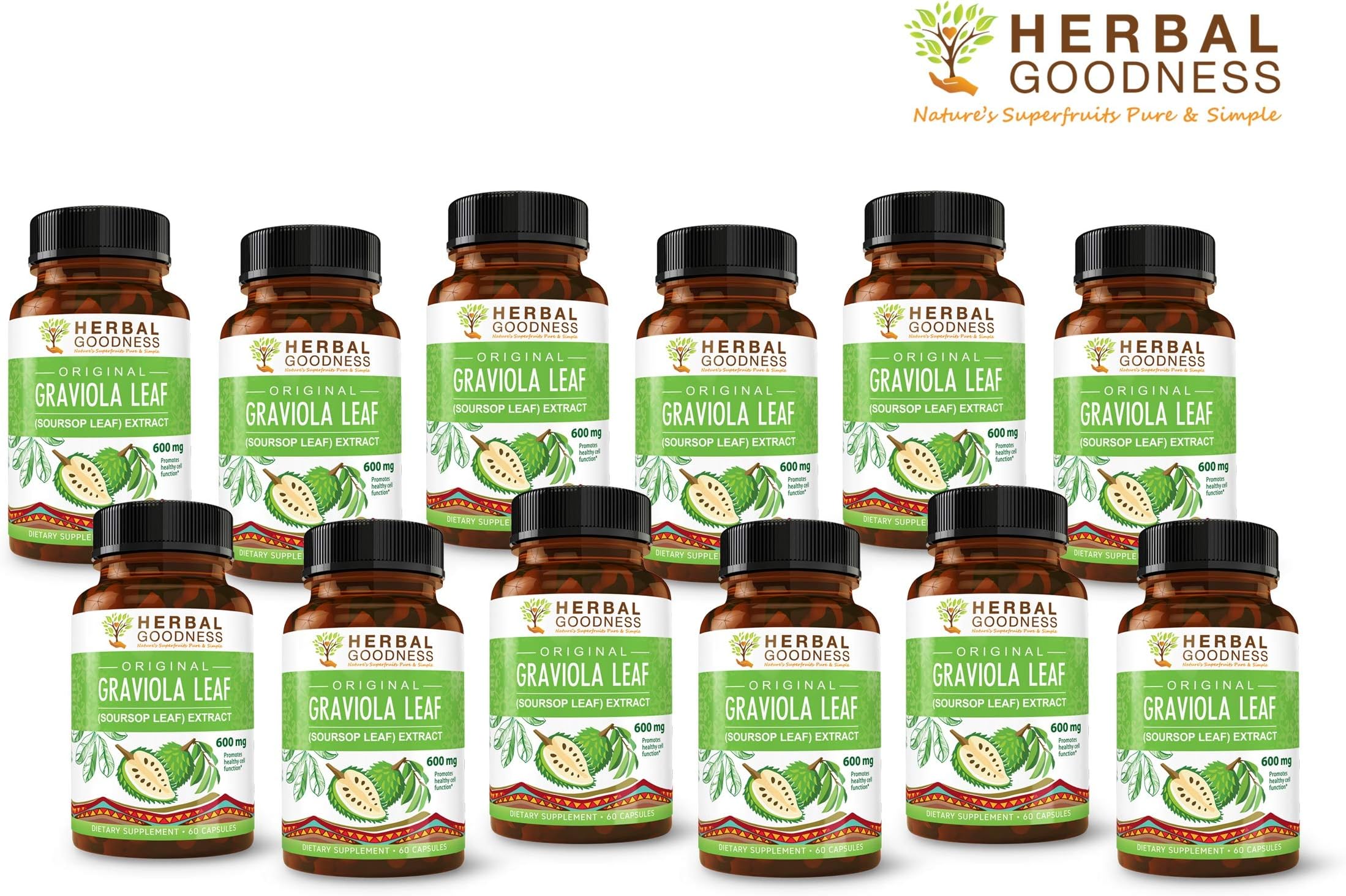 Graviola (Soursop) Leaf Extract Capsules – Cell Support & Regeneration, Stress Relief – Digestive Aid, Energy Supplement - 60/600mg Veggie Capsules - Made in USA by Herbal Goodness - 12 Bottles