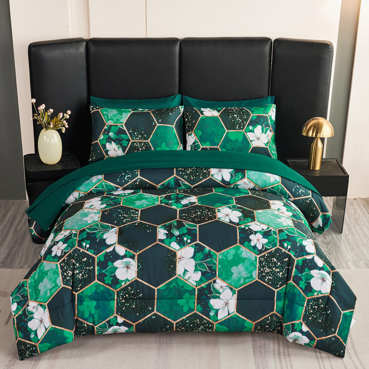 ANGIYUIN 7 Pieces Green King Size Bedding Sets White Flowers Comforter Sets Marble Bed in A Bag with Sheets Soft Lightweight Bedding Comforter Sets for Women Men Image