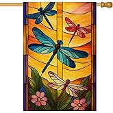 BlissYard Spring Summer House Flag 28 x 40 Inch Double Sided Garden Flag Stained Glass Dragonfly and Floral Art for Yard Banner Porch Outdoor Decoration Insect Garden Flag