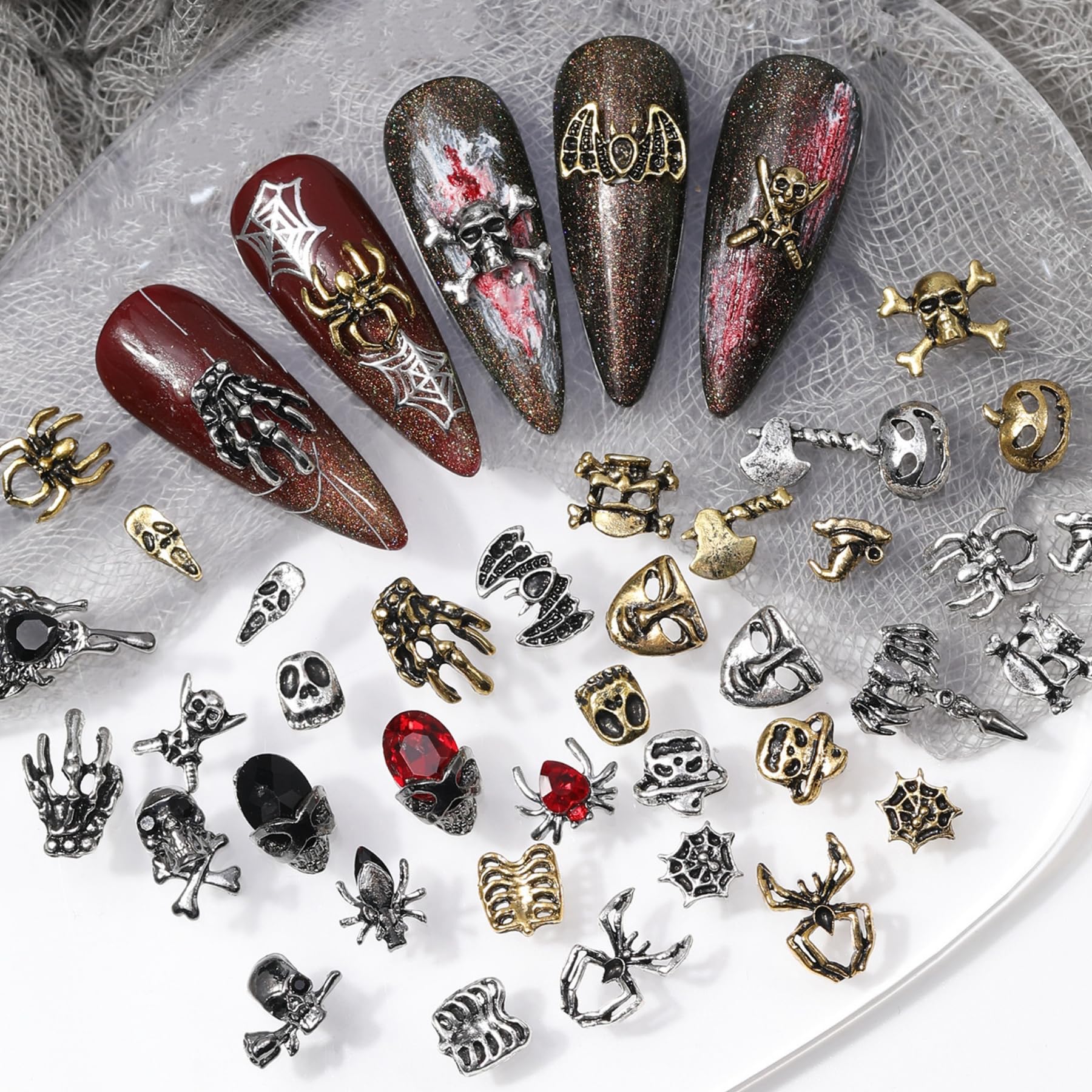 Halloween Nail Charms,75pcs Ghost Head Spider Nail Gems with Rhinestones,Retro Skeleton Skull Hand Pumpkin Spider Web Gold Silver Alloy Nail Art Decorations for DIY Halloween Nail Design (Mixed A)