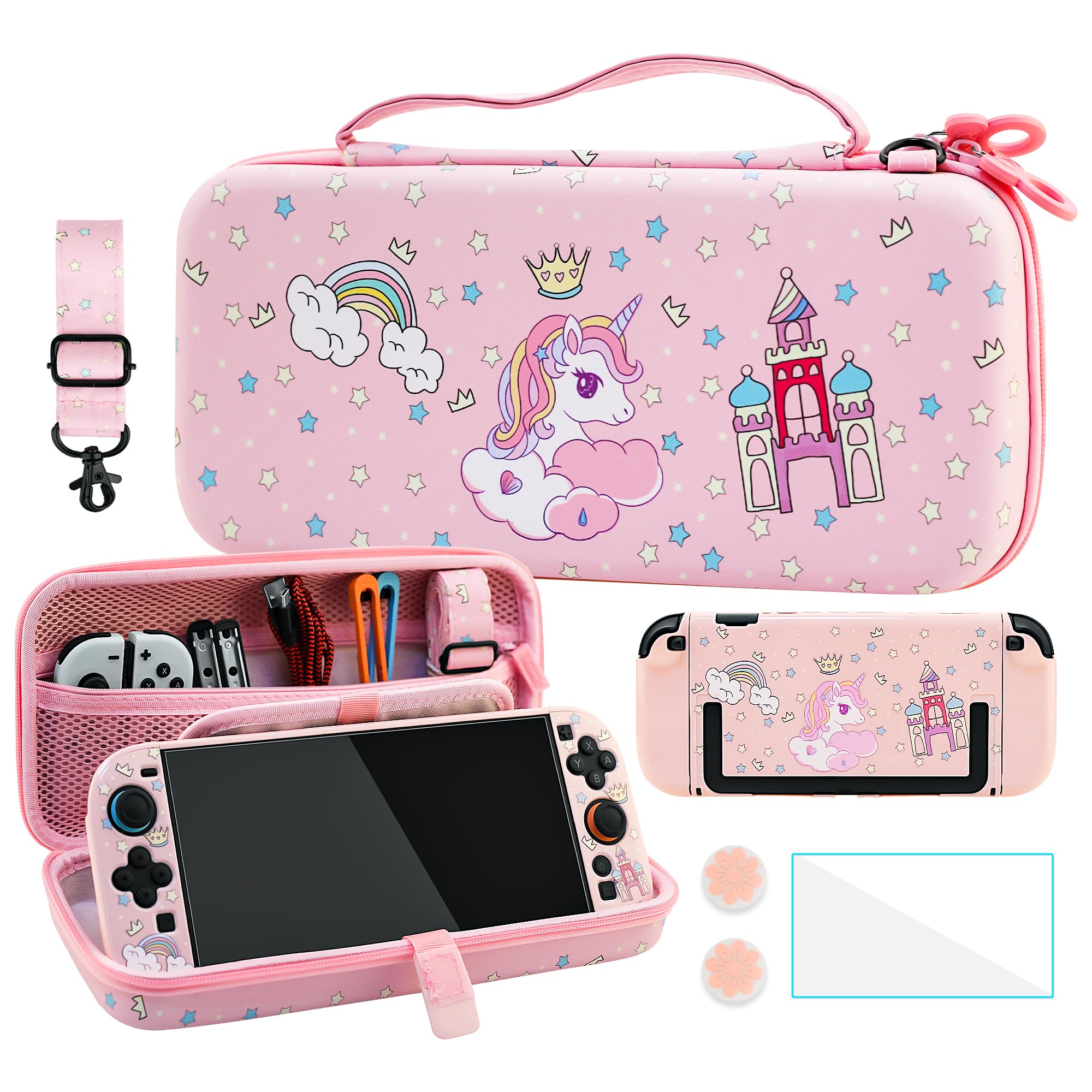 FANPL Cute Carrying Case for Nintendo Switch 2, Protective Cover Accessories Bundle with Travel Skin, Hard Shell, Adjustable Shoulder Strap, Thumb Grips, Screen Protector (Pink Unicorn)