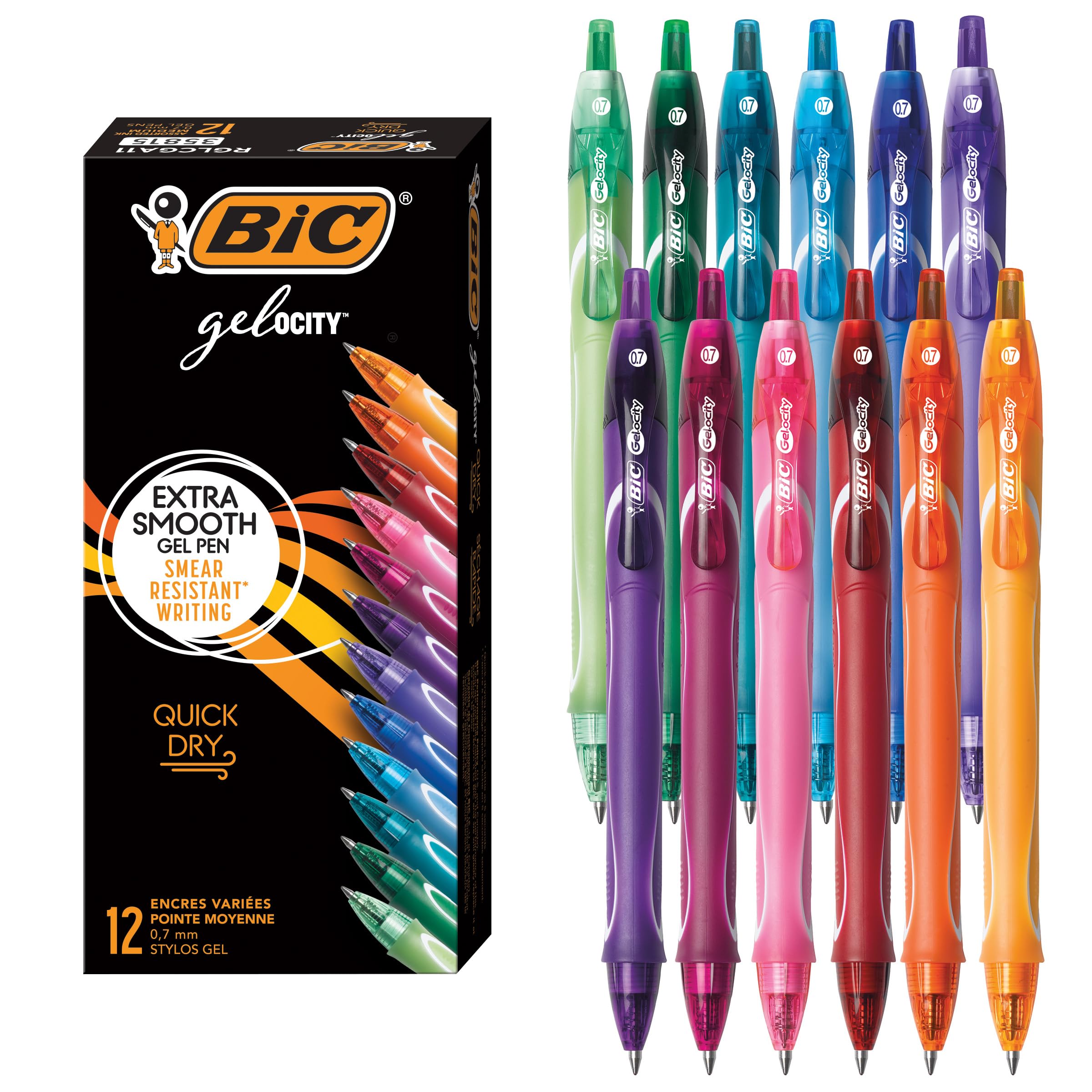 BIC Gelocity Quick Dry Assorted Colors Gel Pens, 12-Count Pack, 0.7 mm