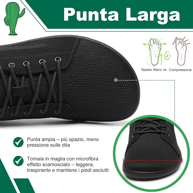Scarpe Barefoot minimaliste Unisex con Punta Larga, Zero Drop, Suola Flessibile e Antiscivolo, Leggere e Traspiranti per Camminare, Lavoro e Uso Quotidiano Nero,Gr.38