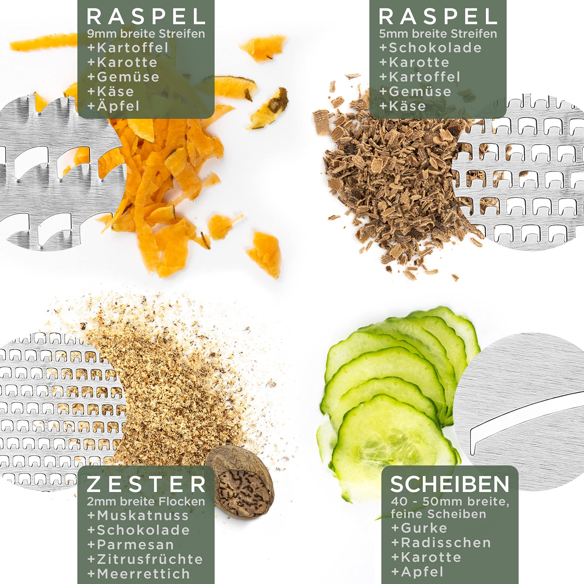 WALDWERK Design Reibe (24,5x10,5cm) - Gemüsehobel aus Edelstahl mit geätzten Schneiden - Käsereibe mit Auffangbrett aus Echtholz - Plastikfreie Küchenreibe 6