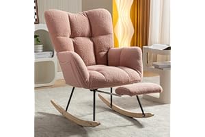 NIOIIKIT Nursery Rocking Chair, Teddy Upholstered Glider Chair with Adjustable Footrest, Padded Recliner Chair with High Backrest, Rocker Recliner Chair, Reading Chair for Nursery (Pink)
