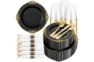 Hioasis 350pcs Black and Gold Plastic Plates - Diposable Dinnerware Set Suitable for 50 Guests Include 10.25" Dinner & 7.5" Dessert Plates, Pre Rolled Silverware Set, Cups for Party & Halloween