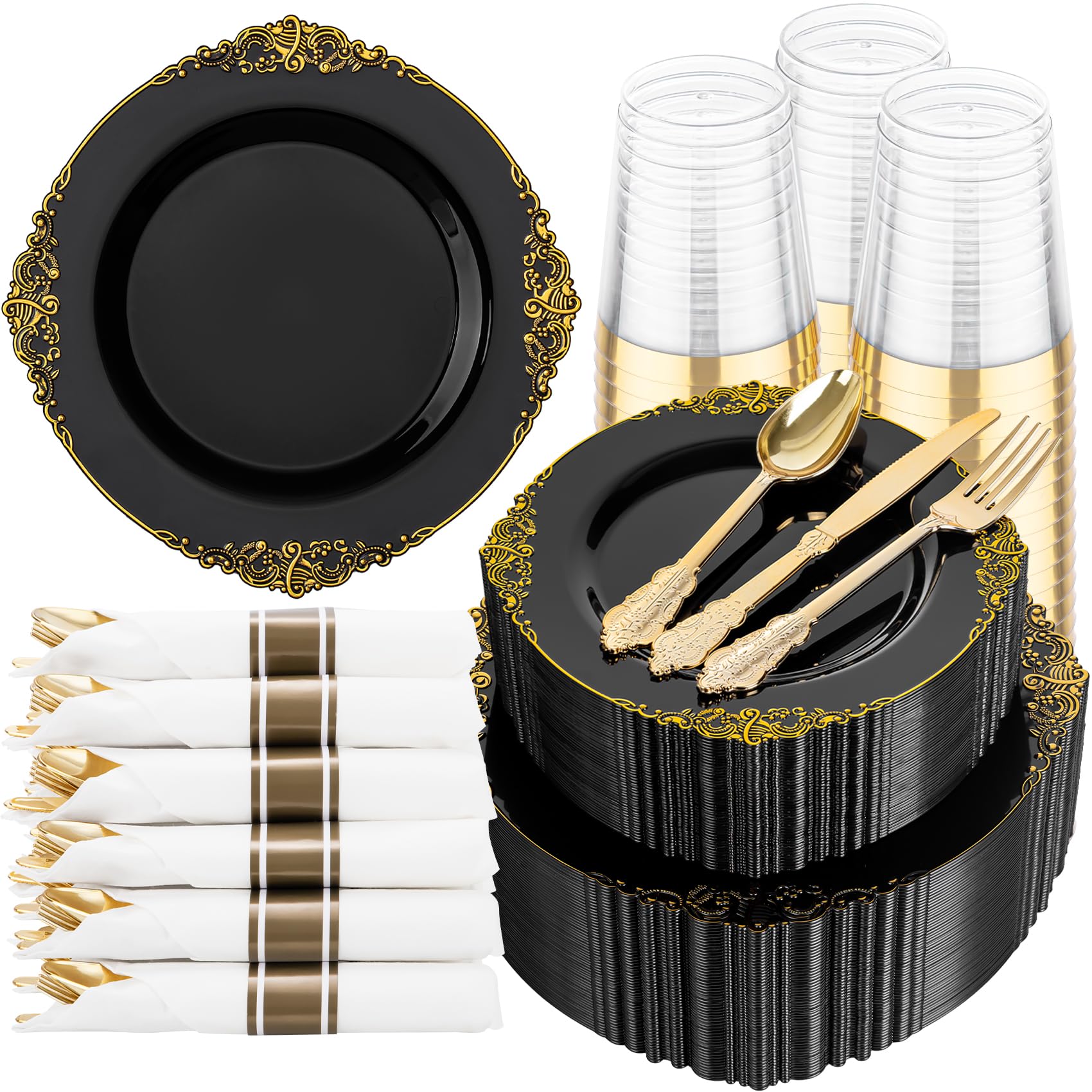 Photo 1 of Hioasis 350pcs Black and Gold Plastic Plates - Elegant Diposable Dinnerware Set Suitable for 50 Guests Include 10.25" Dinner & 7.5" Dessert Plates, Pre Rolled Silverware Set, Cups for Party & Wedding