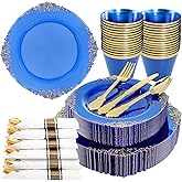 Nervure 175PCS Blue Plastic Plates - Disposable Blue Gold Party Plates & Pre Rolled Napkins with Cutlery for 25 Guests, 50Plates, 75Silverware, 25Cups, 25Napkin for Wedding & Party & Independence Day