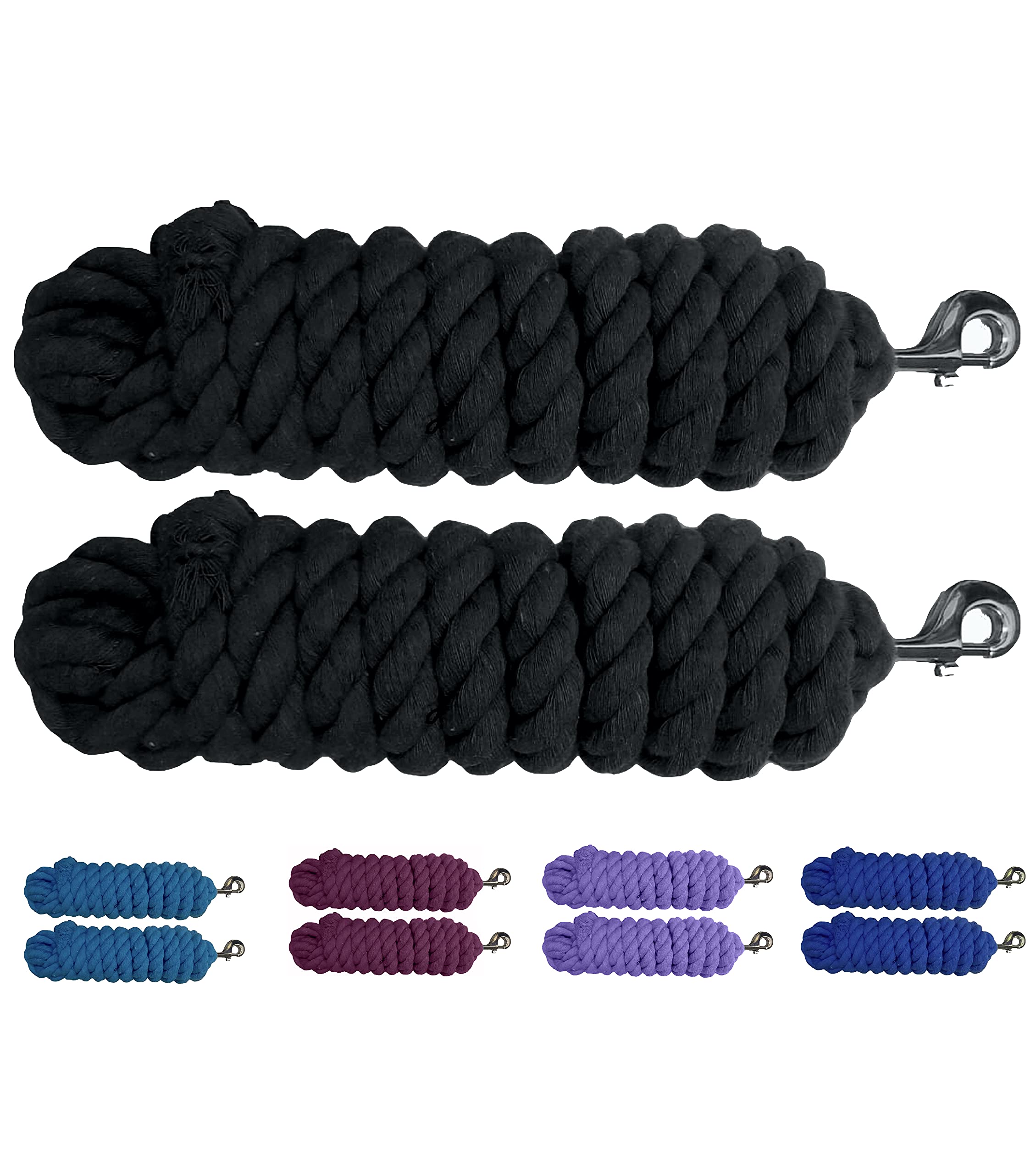 Majestic Ally Pack of 2 Solid Cotton Lead Rope for Horses & Livestock – 10 Foot Long and 5/8 inch (16MM) Thick - Replaceable Heavy-Duty Satin Bolt Snap – Handmade – Soft, Broken in Feel (Black)