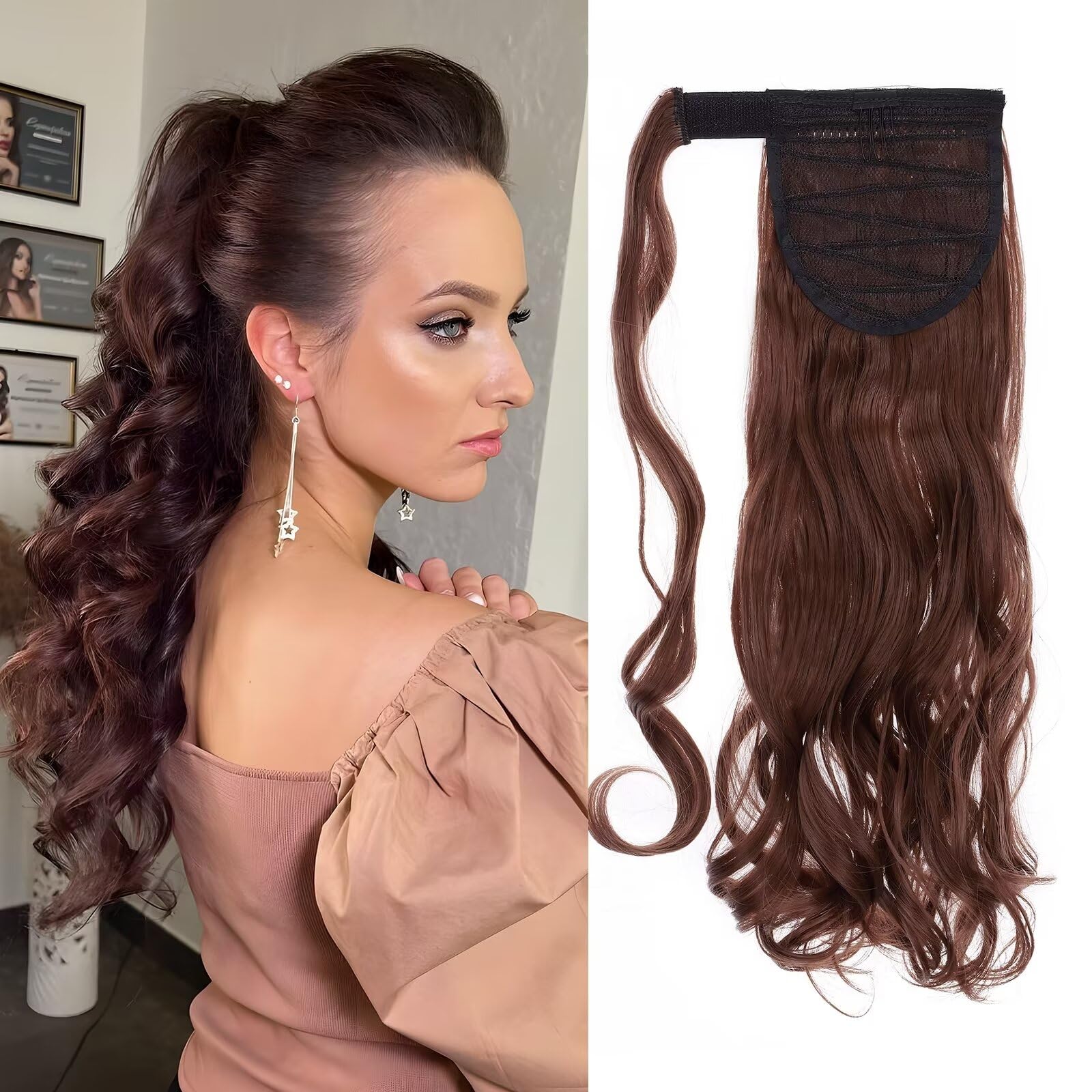 Silk-co 17inches Ponytail Hair Extension Clip in/on Ponytail Curly Synthetic Wrap Around Extension Hairpiece for Women(Auburn)