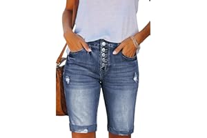 HAPCOPE Women's Bermuda Shorts Mid-High Waisted Denim Shorts Ripped Cuffed Hem Jean Shorts