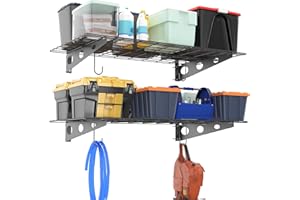Ultrawall Garage Wall Shelves, 2 x 4 ft Wall Mounted Storage Shelves, Heavy Duty Wall Shelving with Hooks, Holds Up to 220 Lbs, 2Pack, Black