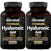 NatureBell 2 Pack Plant Based Hyaluronic Acid Supplements 250mg with 25mg Vitamin C & Biotin 5000mcg, 480 Total Capsules | Essential for Hair Growth, Joint Support, & Hydrating Skin | Non-GMO
