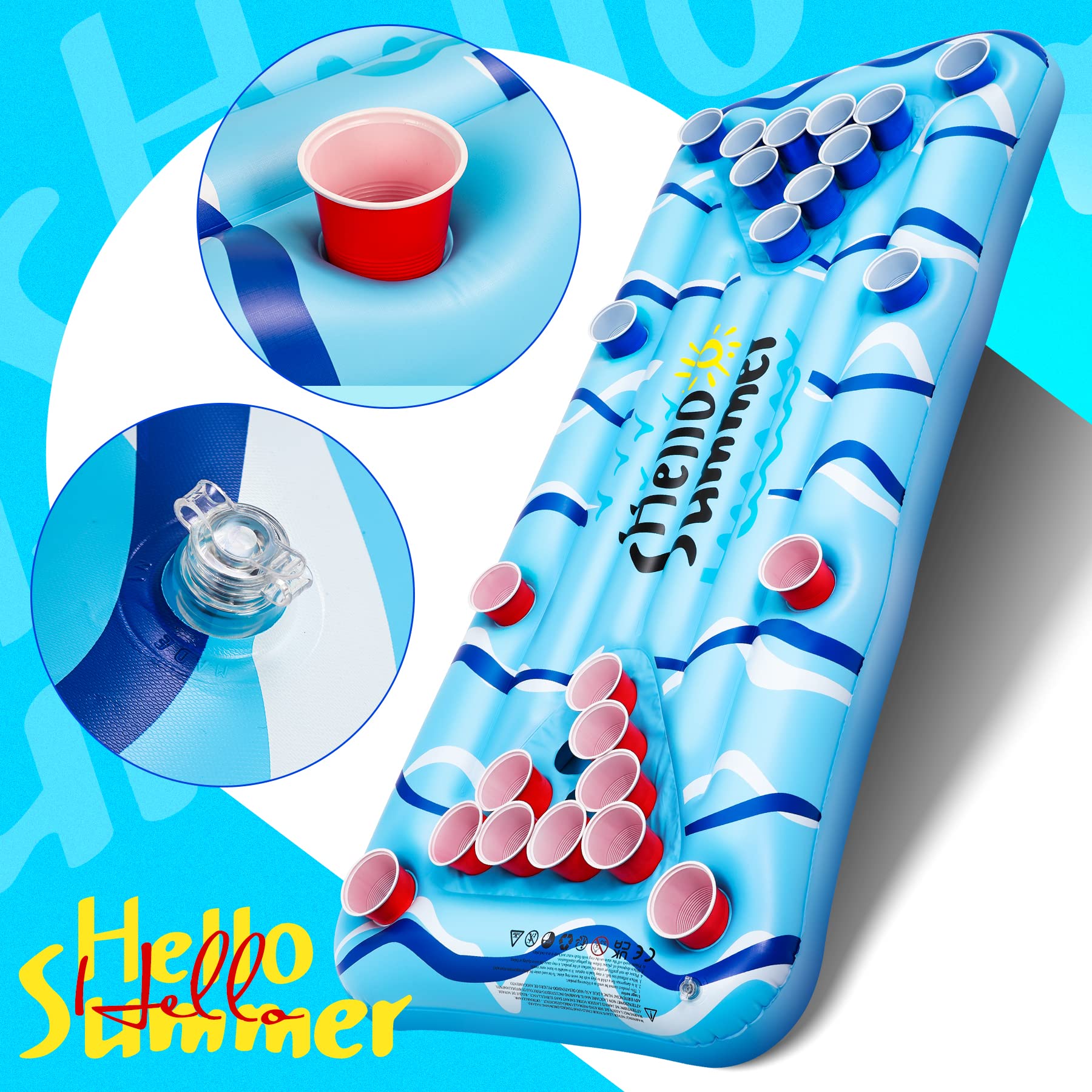 Popolic Pool Pong Game 150x75cm - Aufblasbare Luftmatratze mit Getränkehalter für Pool, Inklusive 24 Bechern und 2 Bällen, Schwimmring Erwachsene für Wasserspaß im Sommer 7