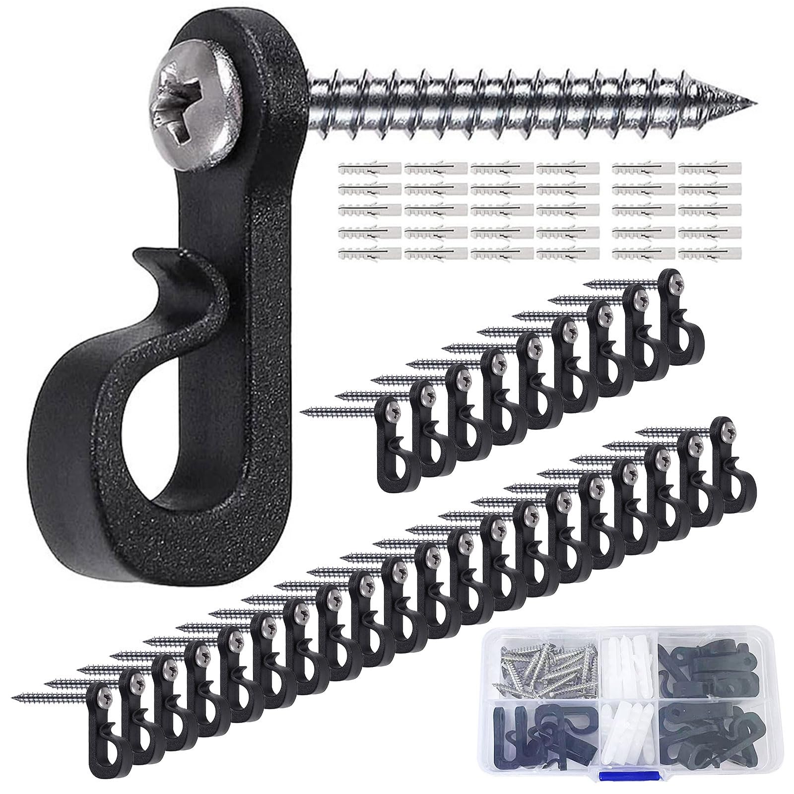 Tefola 30 Pack Screw-in Christmas Light Hooks, Black Wall Mount Clips with Nails & Clear Acrylic Storage Box, Outdoor & Indoor String Light Hangers for Fairy Lights, LED Lights, Cable Management