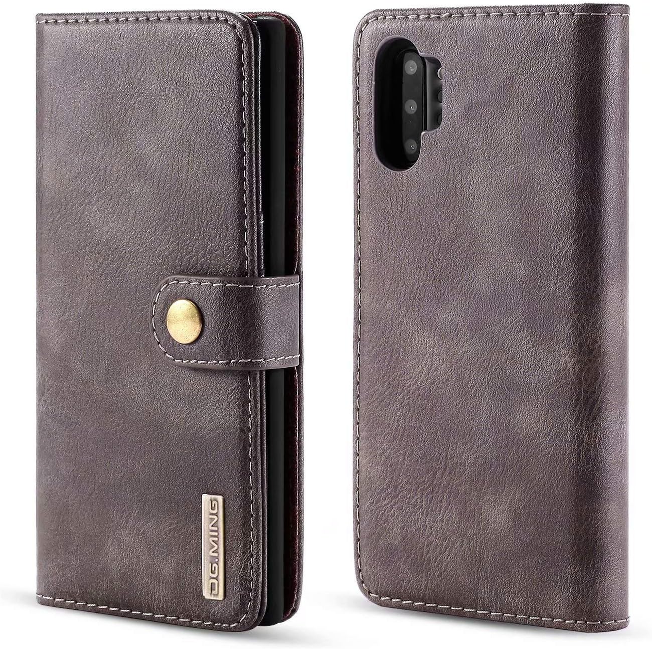 Samsung Galaxy Note 10 Plus Case, DG.MING Retro Real Cowhide Leather Folio Flip Wallet with Magnetic Detachable Slim Phone Cover 2 in 1 Case for Samsung Galaxy Note 10 Plus (Gray)