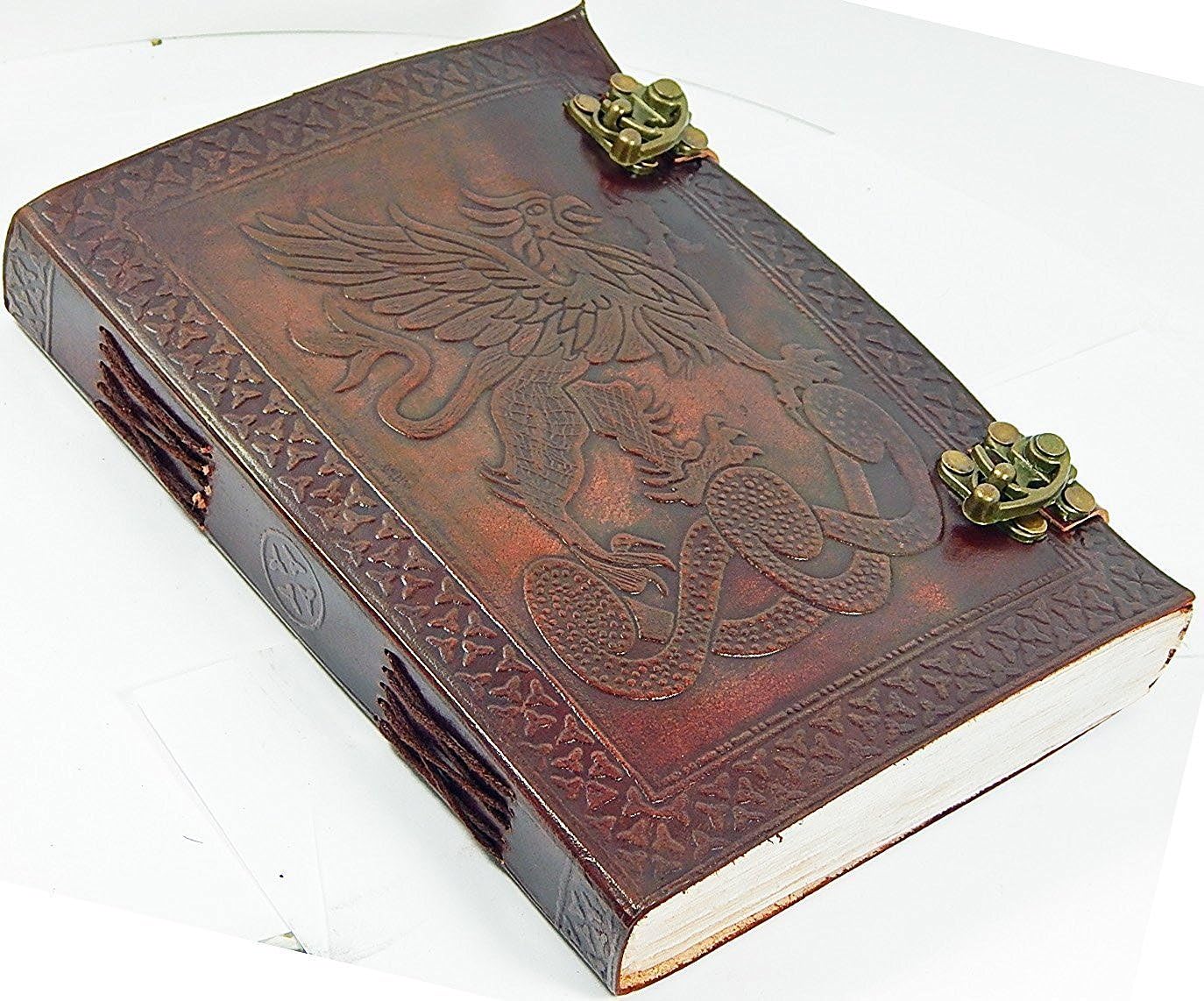 Leather Journals Large Vintage Dragon Embossed Leather Journal Notebook Diary (Handmade Paper) - Coptic Bound with Lock Closure