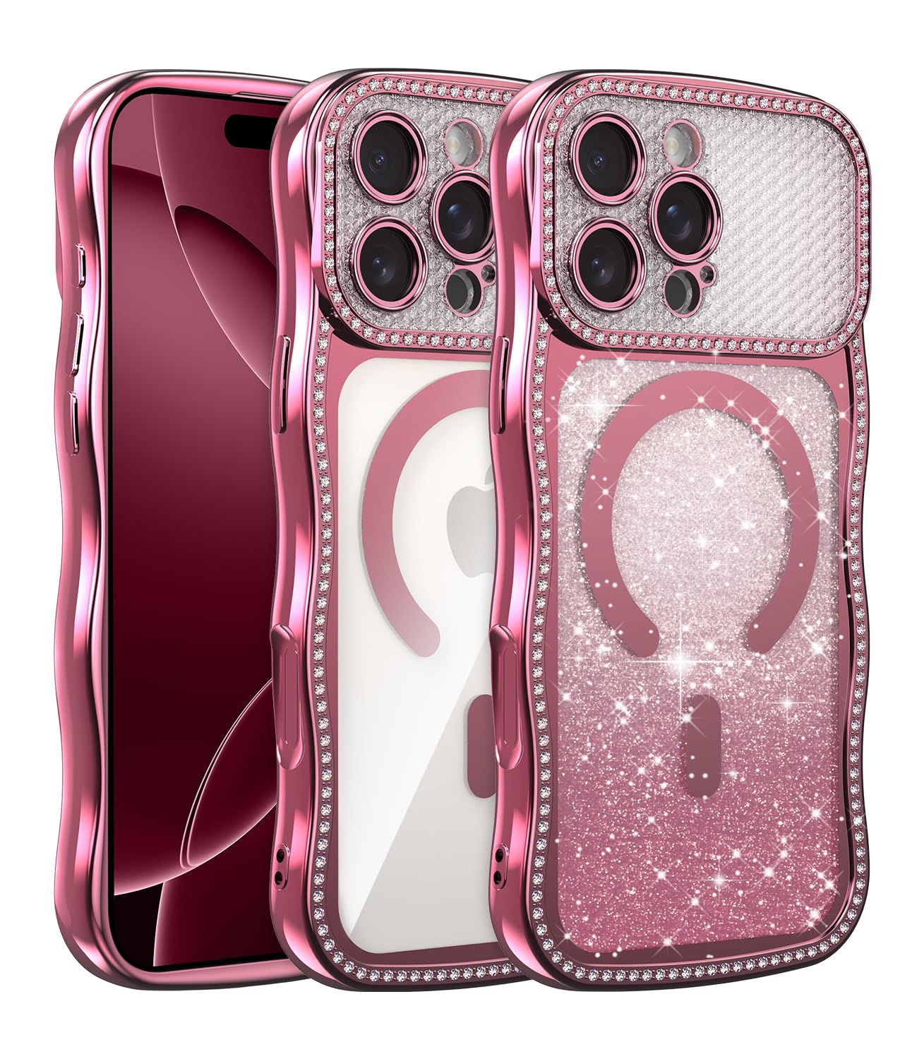 UCASONG for iPhone 16 Pro 6.3" Magnetic Glitter Case,Compatible with MagSafe,Cute Plated Curly Wavy Frame with Bling Rhinestone,Full Protection Slim Shockproof Dust-Proof Net for Women-Pink