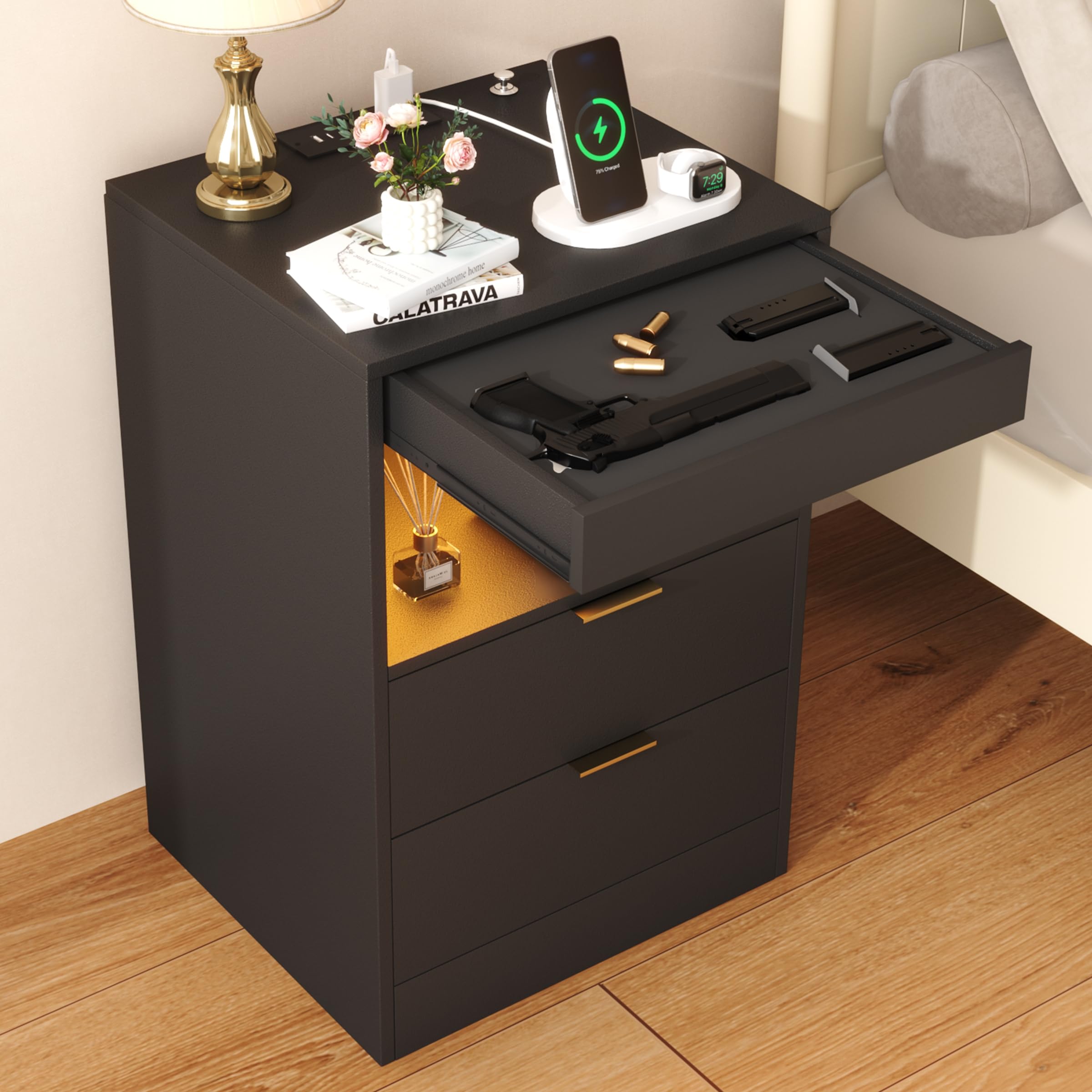 Photo 1 of Yusong Night Stand with Gun Drawer & Invisible Lock, Bedside Table, LED Nightstand with Charging Station, Modern Night Stand, Wood Sofa Couch End Side Table with 2 Pull-Out Shelf, Black