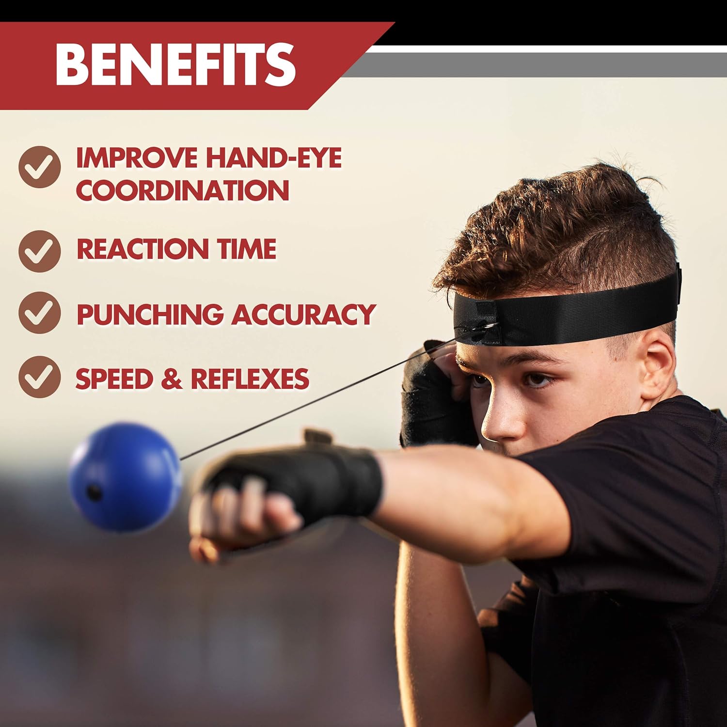 Boxerpoint Juego de bolas reflectantes de boxeo para niÃ±os, 3 pelotas de boxeo de nivel difÃ­cil, equipo de entrenamiento de boxeo con diadema ajustable, entrenador de boxeo y envolturas de mano, ideal para la coordinaciÃ³n de los ojos y manos